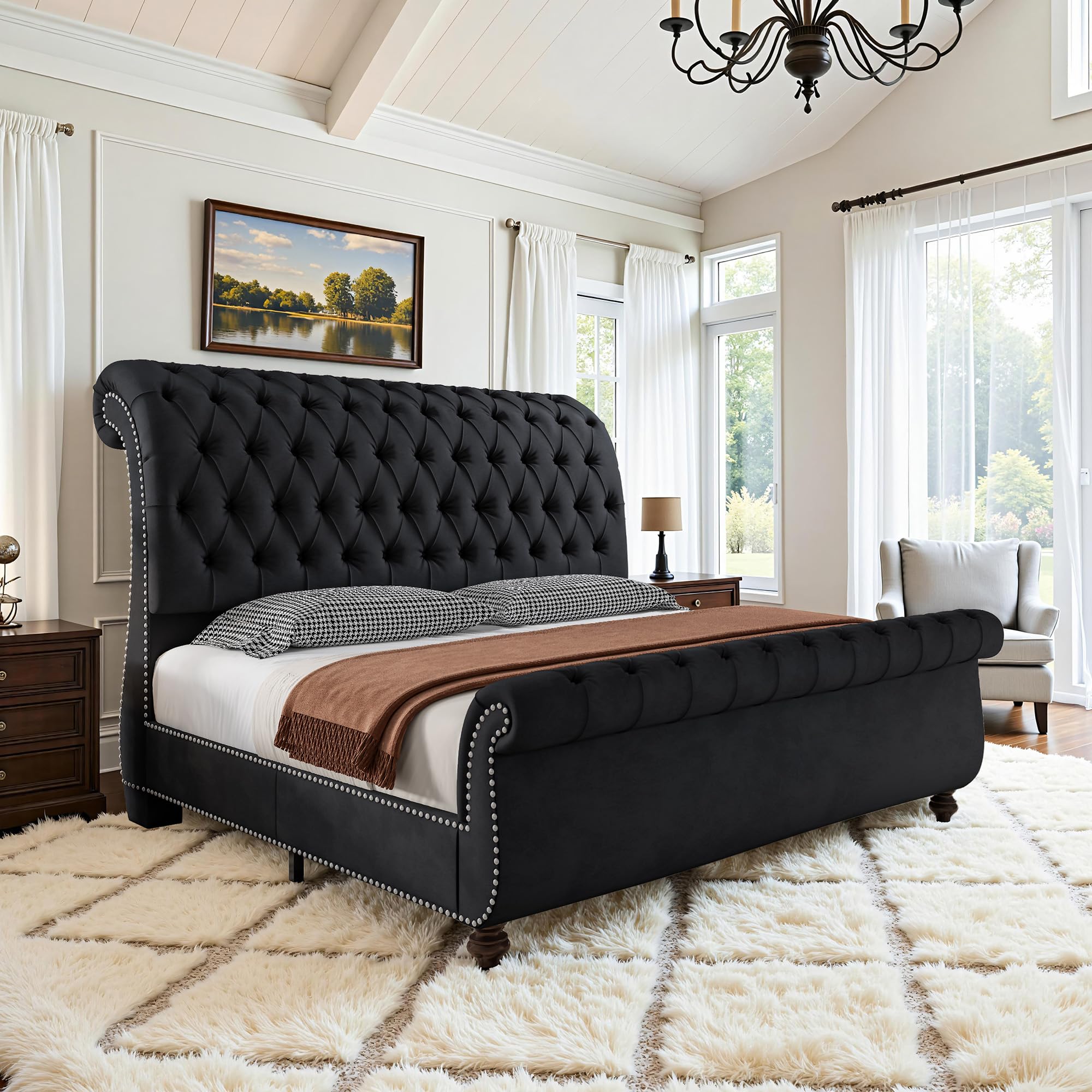 AMERLIFE Cal King Sleigh Bed Frame
