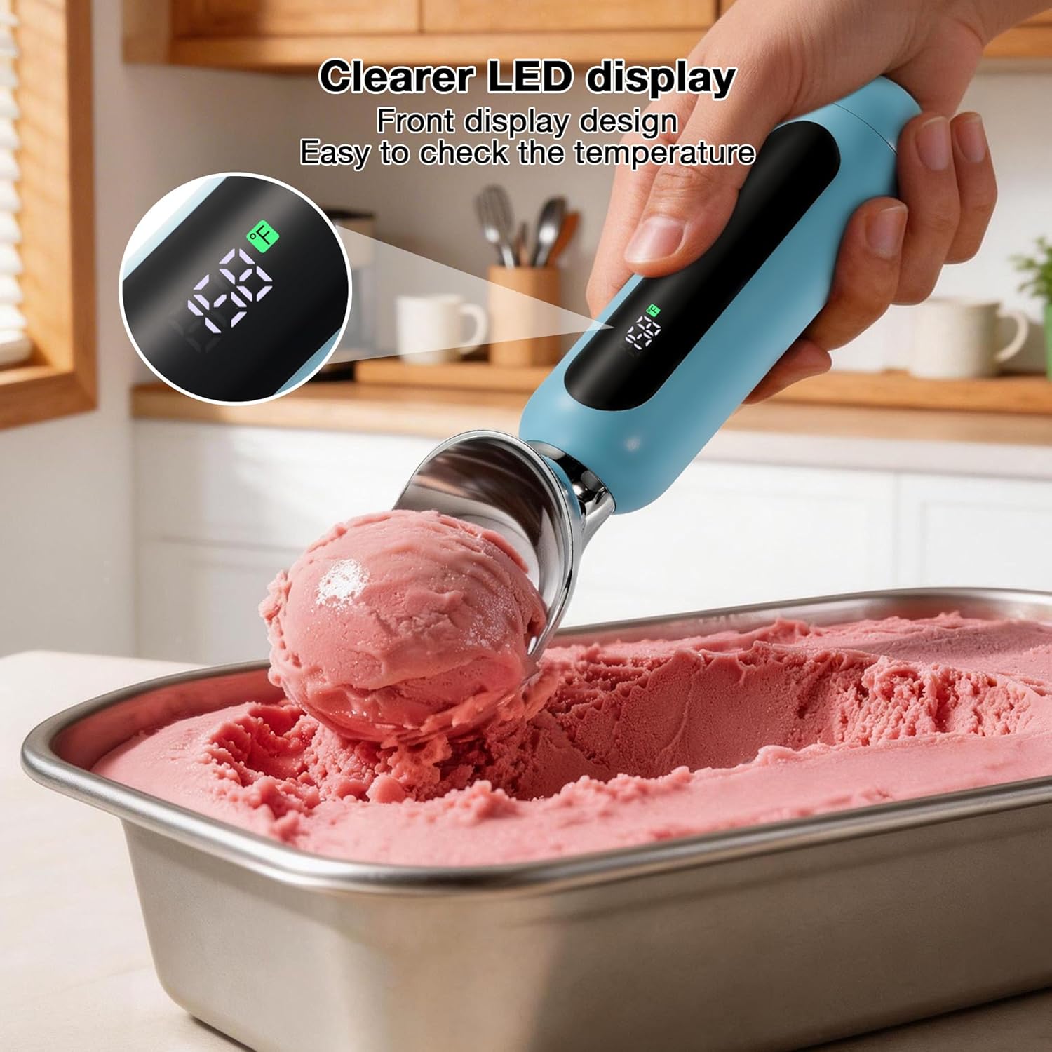 Heated Ice Cream Scoop, Rechargeable Electric Ice Cream Scooper with LED Display, ON/Off Switch, IP67 Waterproof, Heats up to 158℉ for Hard Ice Cream(Blue)