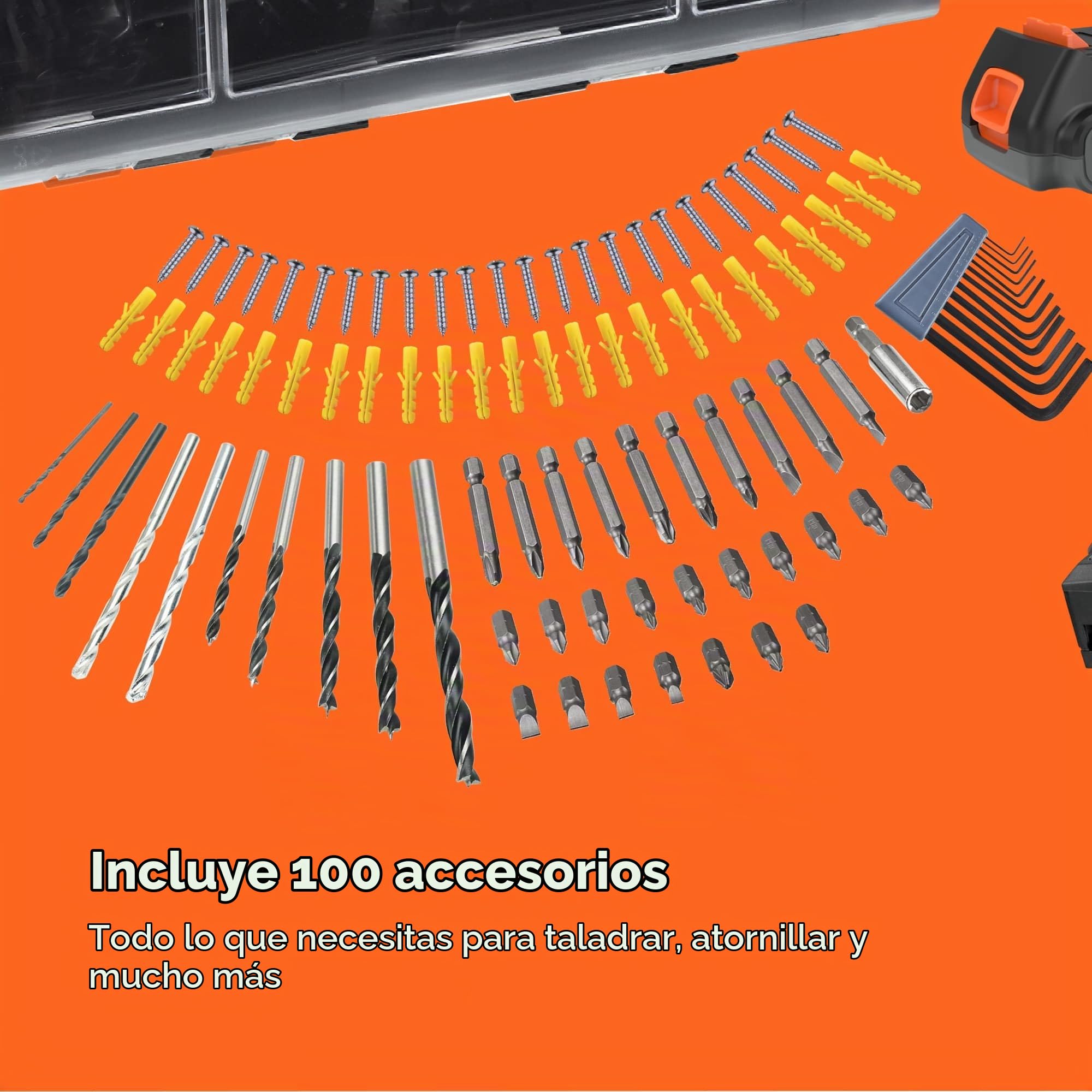 BLACK+DECKER Taladro de percusión 18V, 2 baterías 2Ah, cargador 400mA, 100 accesorios, maletín, BDCHD18D2AB-QW