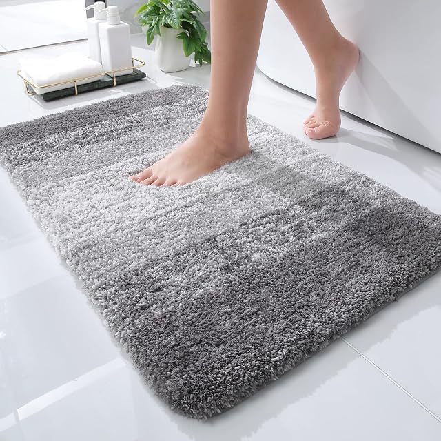 OLANLY Mat de bain en microfibre de luxe, Mat de salle de bains extra douce et absorbante, Rug salle de bain Shaggy en peluche non glissante, lave-linge à la machine, rugs de bain pour le plancher de salle, baignoire et douche, 16x24, gris