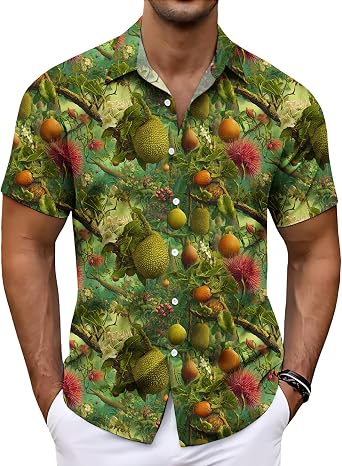 Mens Tropical Palm Leaf Blouses Summer Casual Lapel Button Up T-Shirts Vacation Beach Tee Hawaiian Trip Tees
