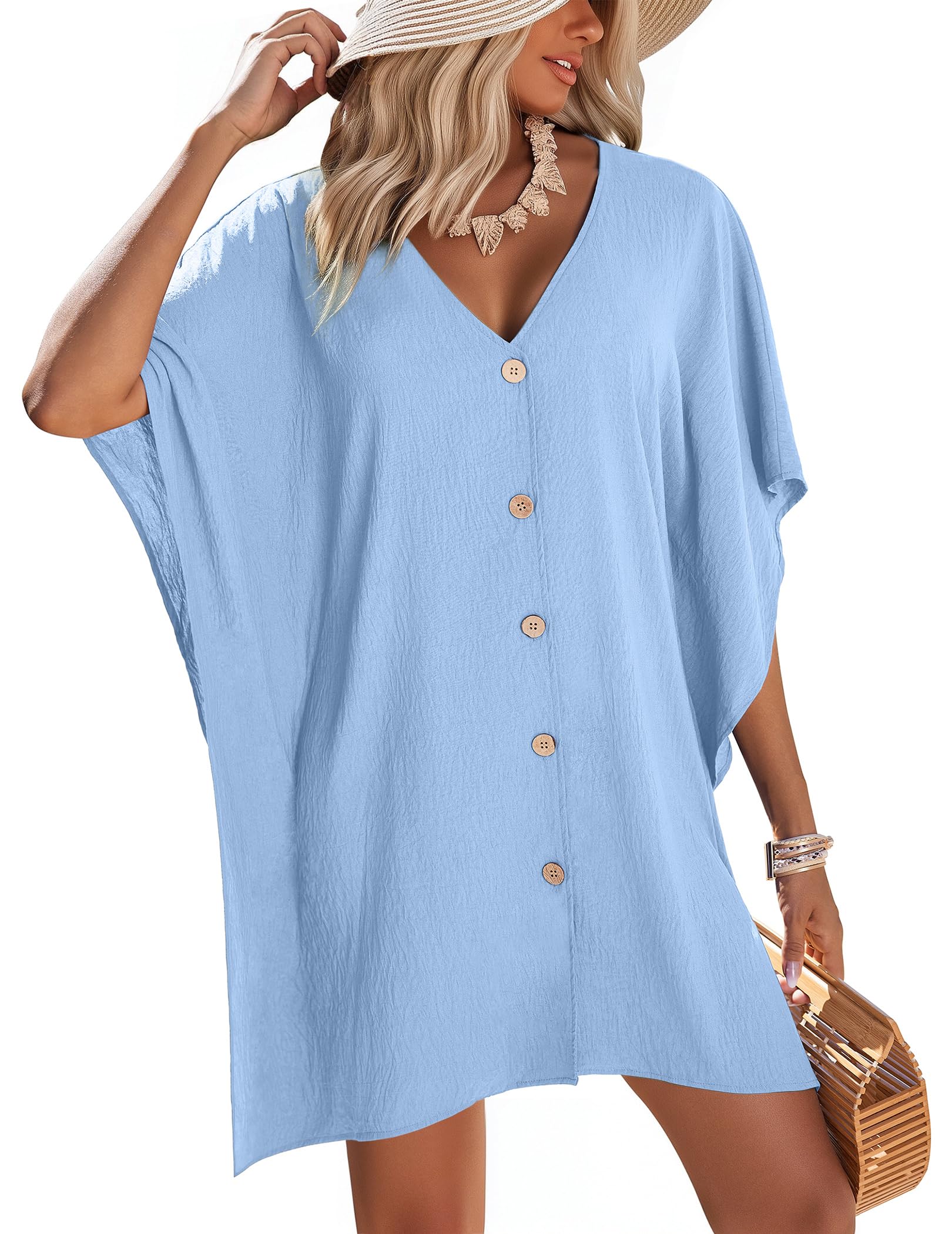 Womens Swimsuit Cover Up Button Down Bathing Suit Coverups 3/4 Sleeve Beachwear Oversized Bikini Shirt Dresses S-XXL