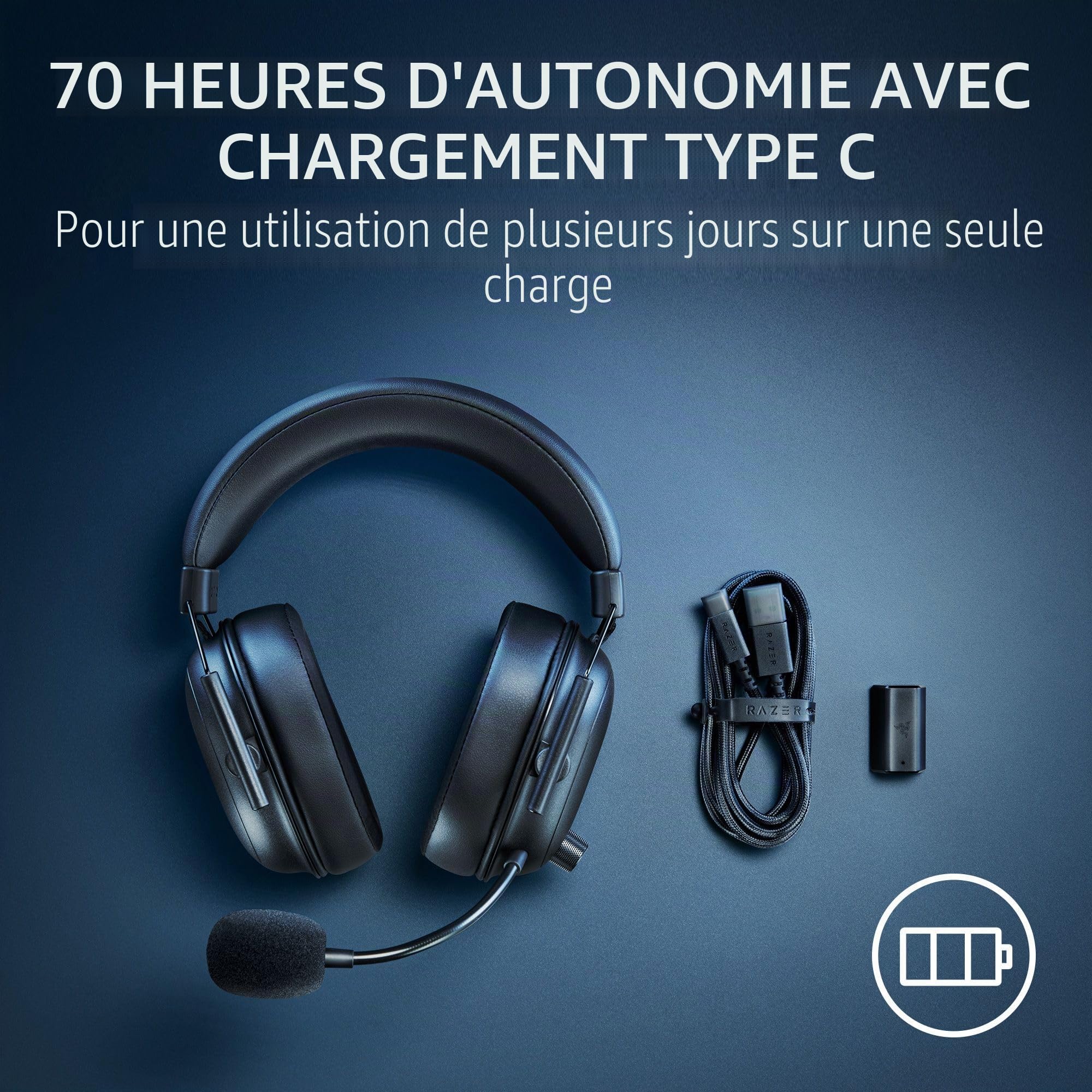 Razer BlackShark V2 HyperSpeed Casque de jeu sans fil : 280 g léger – Audio spatial THX – Micro pliable – Pilotes de 50 mm – 2,4 GHz, Bluetooth ou USB – Batterie de 70 heures avec charge USB de type C