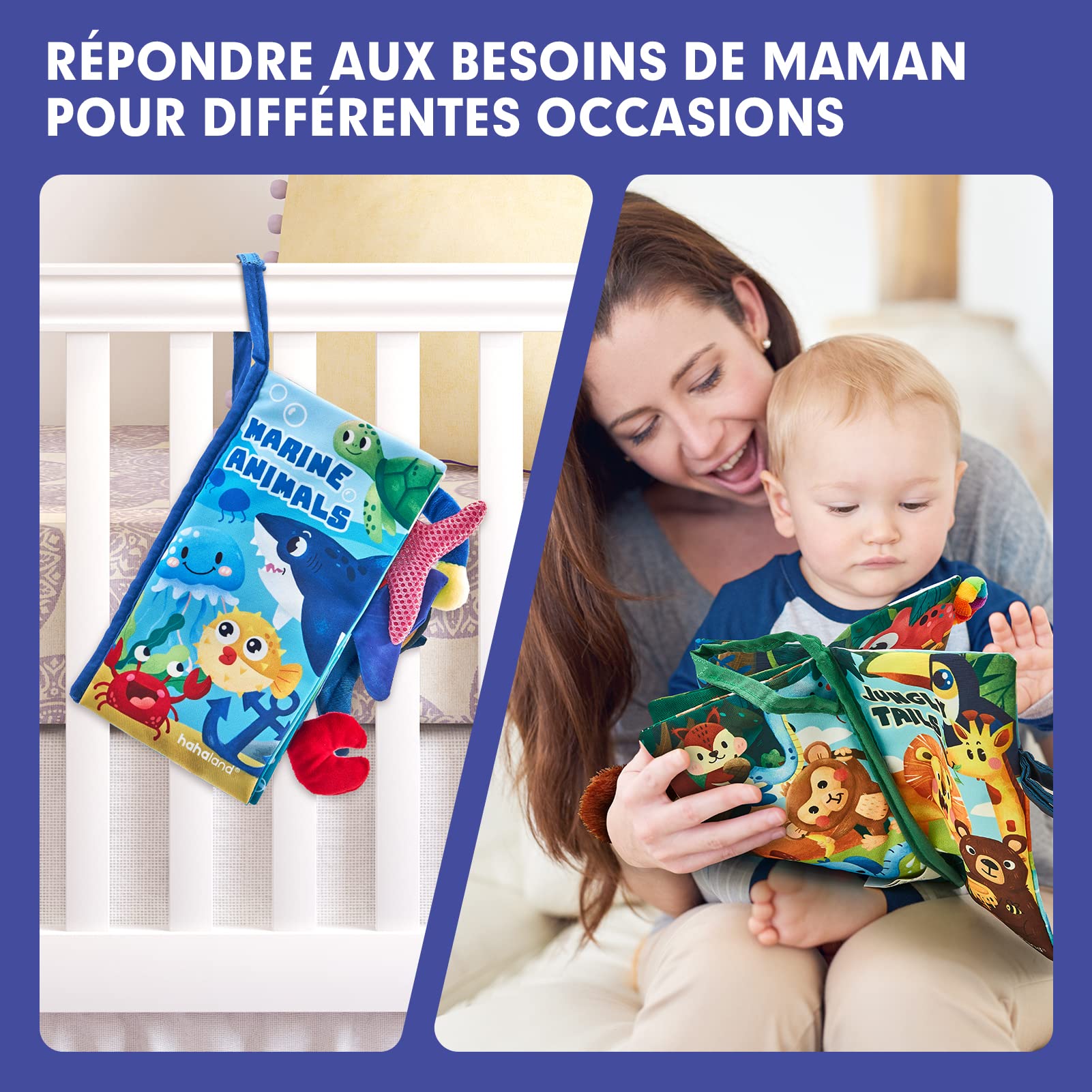 hahaland Jouet de Livre Tissu pour Bébé 0 3 6 Mois Jouet Poussette pour Bébé 8 9 Mois Livre Suspendre Set Doux Froissé Convient pour Un Cadeau de Naissance Fille Garçon, 2PCS