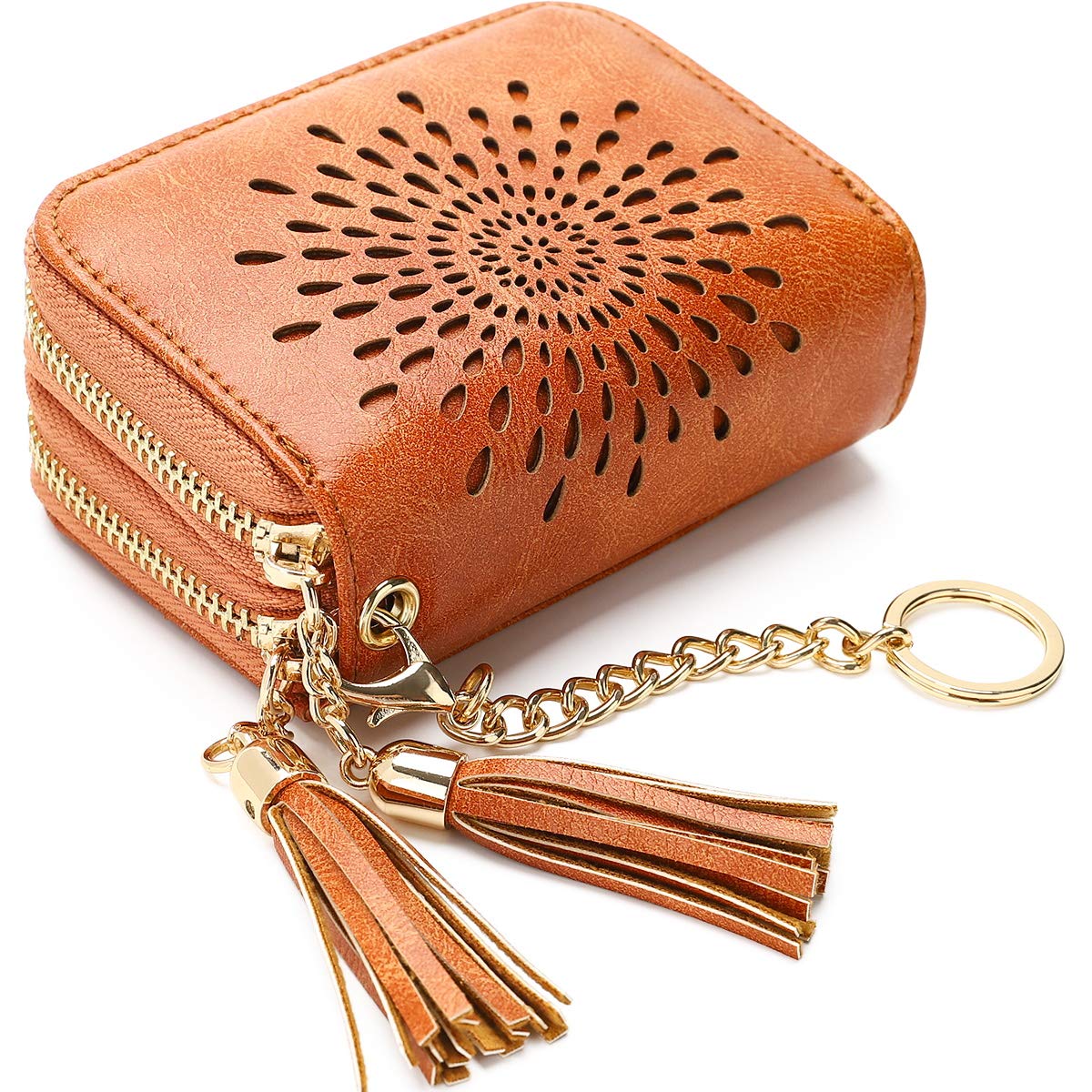 APHISON RFID Credit Card Holder Zipper Card Case Keychain Small Wallet for Women 1942-2 BROWN