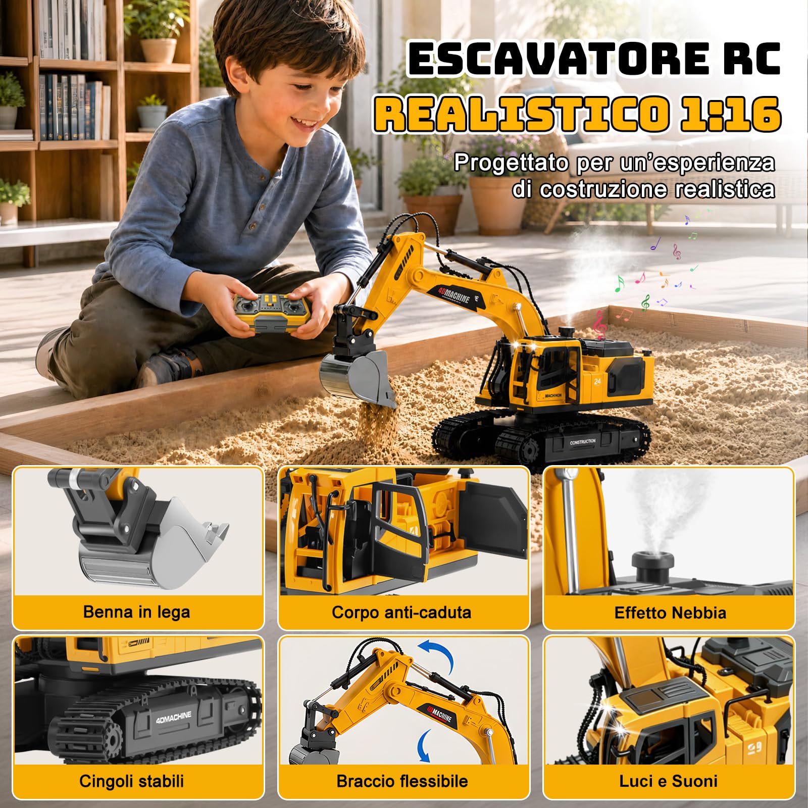 MOONTOY Escavatore Radiocomandato 3‑in‑1, 2,4 GHz RC 1:18 14 Canali, Benna Metallica, Pinza & Martello Demolitore, Luci, Suoni, Vapore, Rotazione 720°, Giocattolo Regalo Bambino 6 7 8 9 10 Anni
