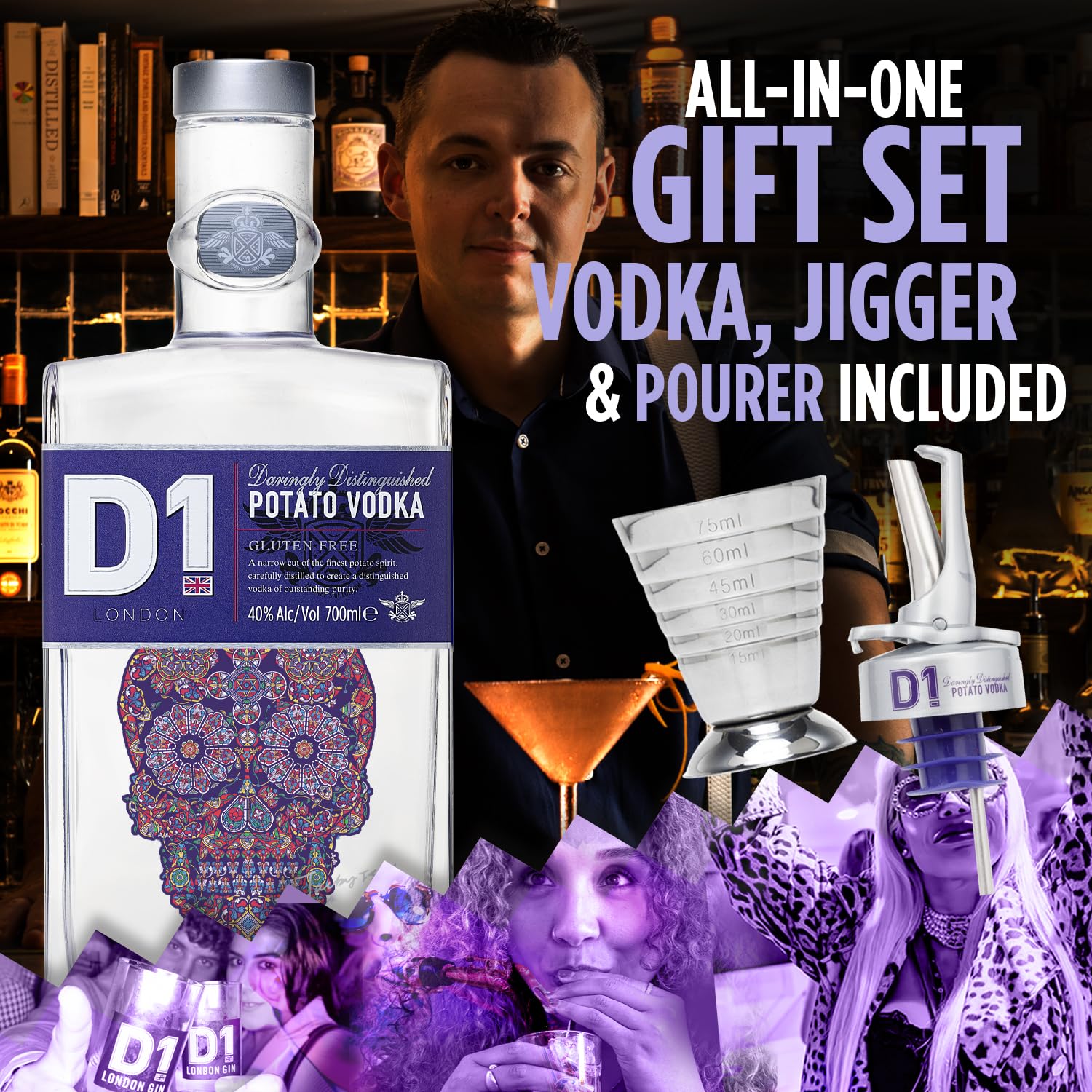 D1 London Spirits Vodka Geschenkset 70cl 40% ABV mit Cocktail Jigger & Ausgießer in Geschenkbox – World Awards 2025 Gold Winner – Premium Wodka – Perfekte Vodka Geschenke für Frauen & Männer