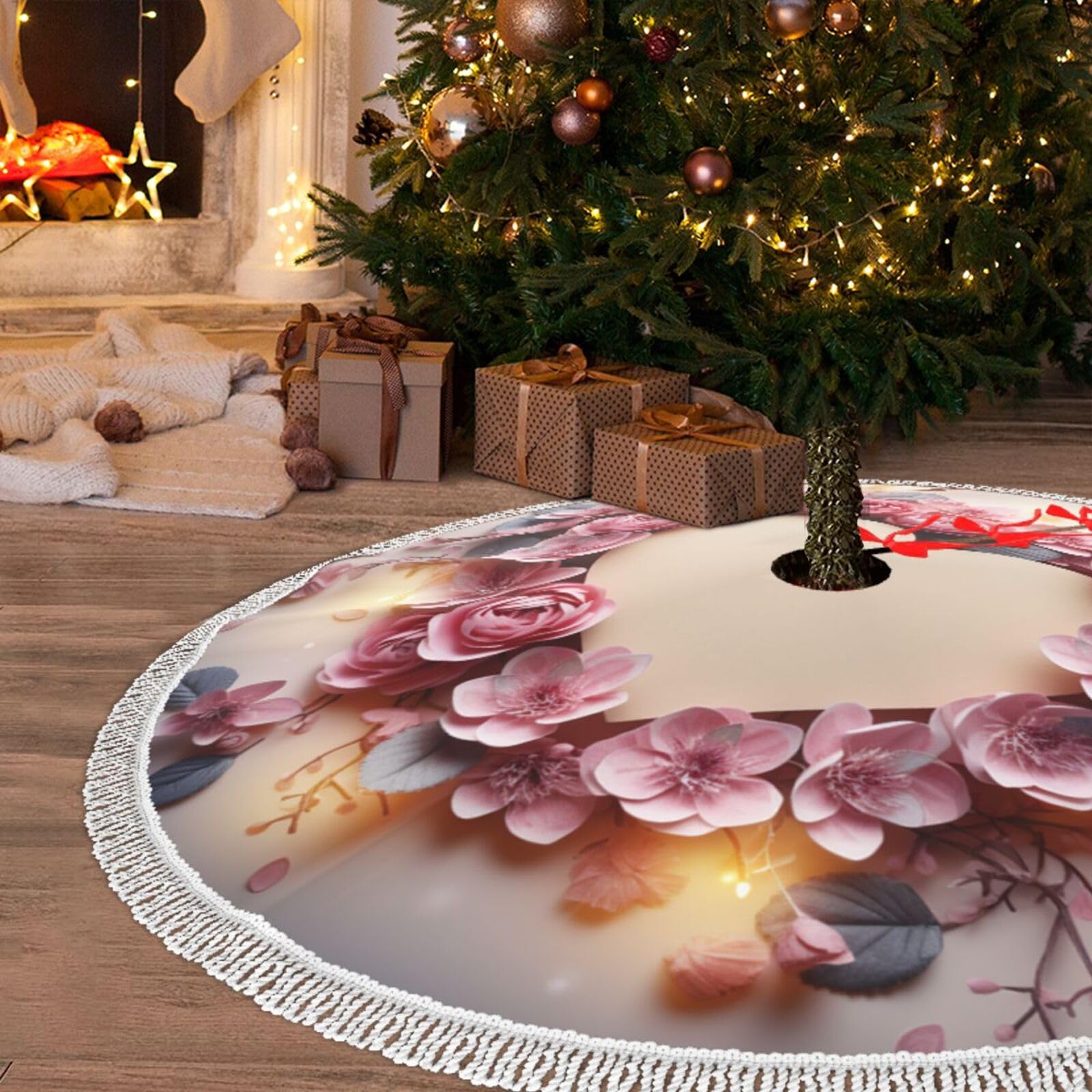 Tapis de sapin de Noël haut de gamme 121 cm avec pompons et cœurs