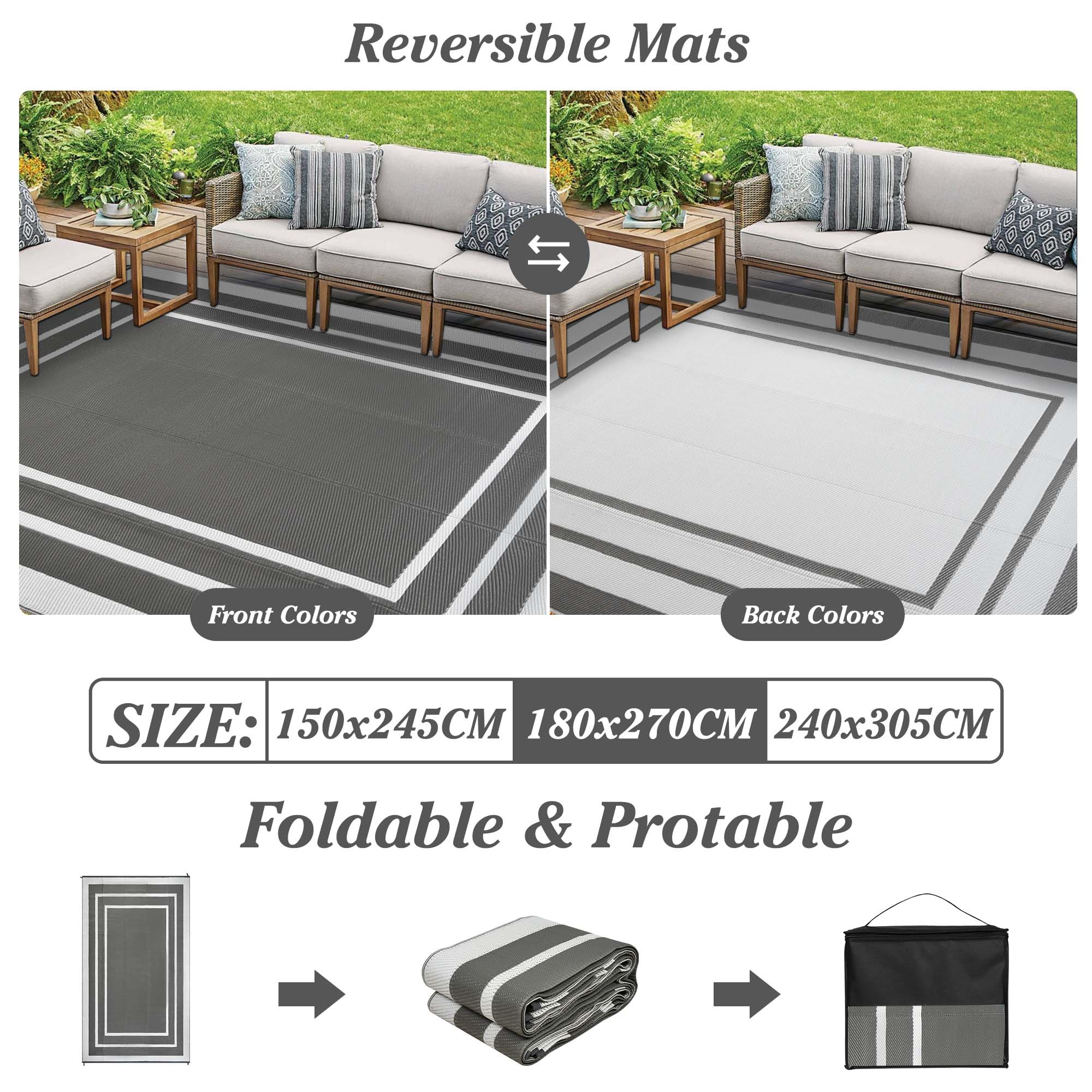 Outdoor Rugs for Patios Grey 180x270cm Waterproof Plastic Picnic Blanket Reversible Garden Rugs Outdoor UV Resistant Lightweight Camping Mat for Beach Balcony Deck Backyard RV BBQ — view 2