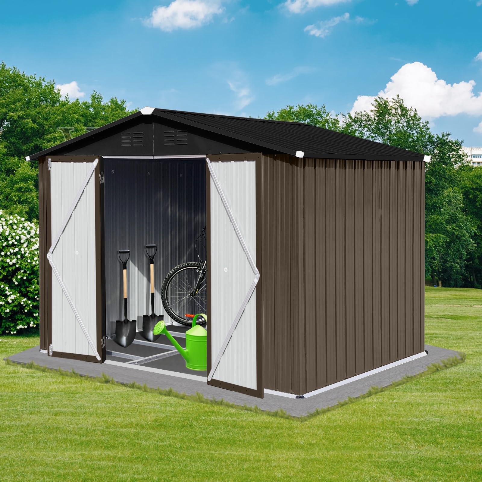 8 x 6 FT Outdoor Storage Shed, Metal Garden Tool Shed with Slooping Roof, Lockable Doors and Aluminum Frames, Easy to Assemble for Garden, Patio, Lawn, Brown
