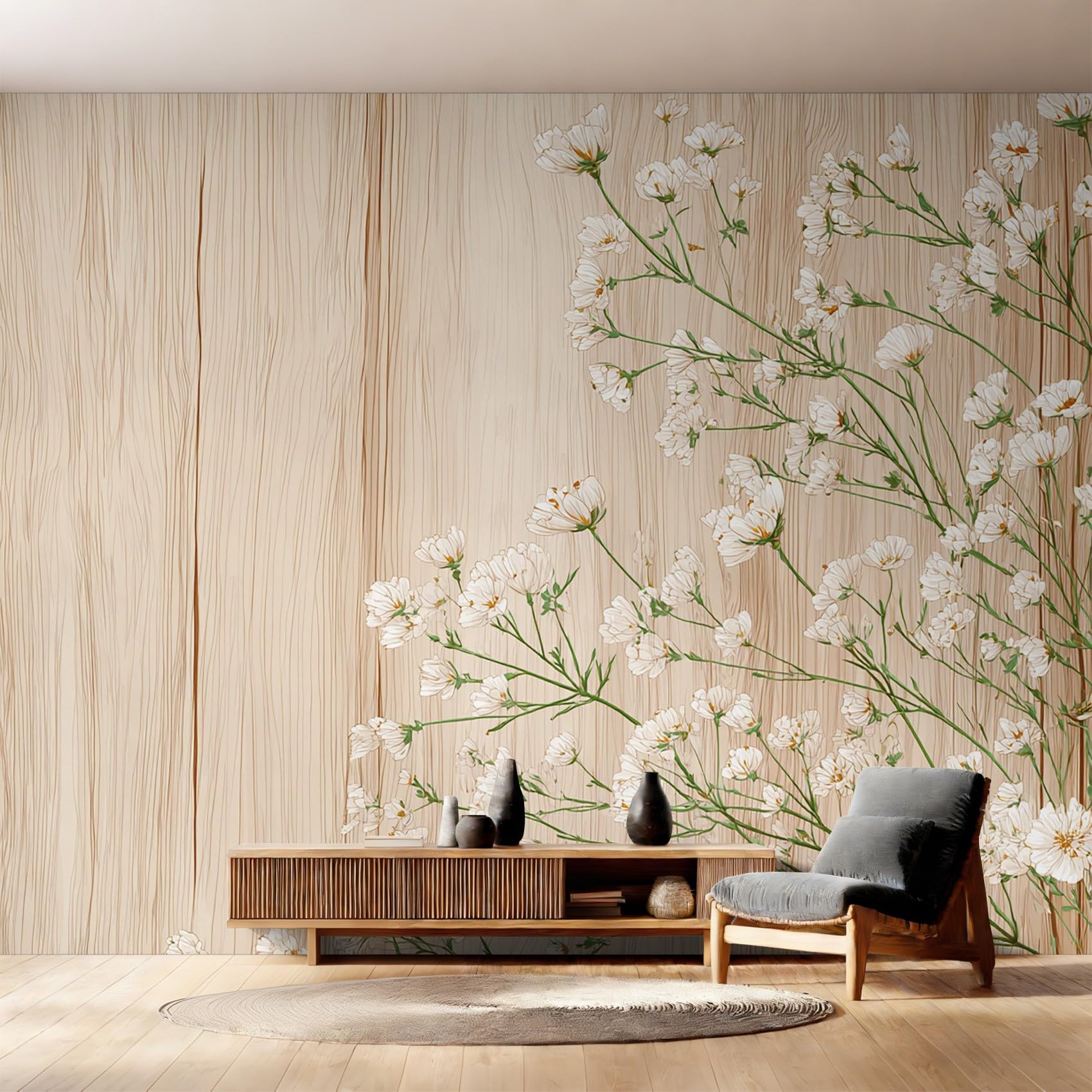 Générique Papier Peint Intissé Fleurs Sauvages, Papier Peint Panoramique Floral Ferme Grain de Bois 350x250 cm, Papiers Peints Beige Clair Vert Décoration Murale Salon Chambre w6g32