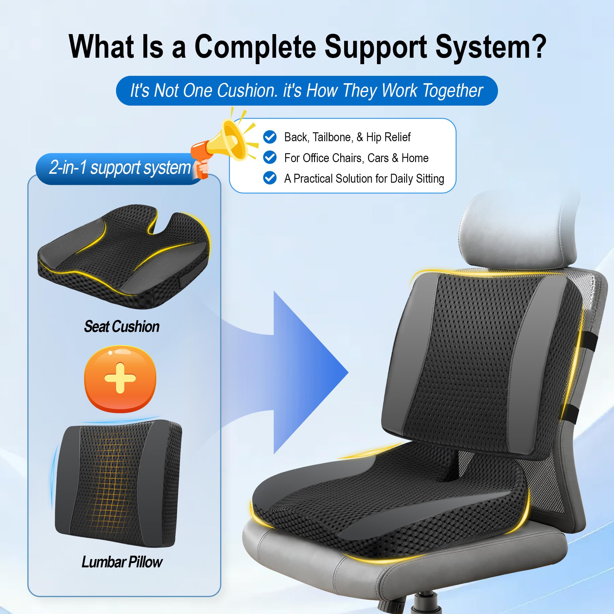 Cojines traseros y cojines de asiento: cojín de espuma viscoelástica para asiento de coche con cojín de apoyo lumbar para una conducción prolongada, cojín de silla de oficina para alivio del dolor