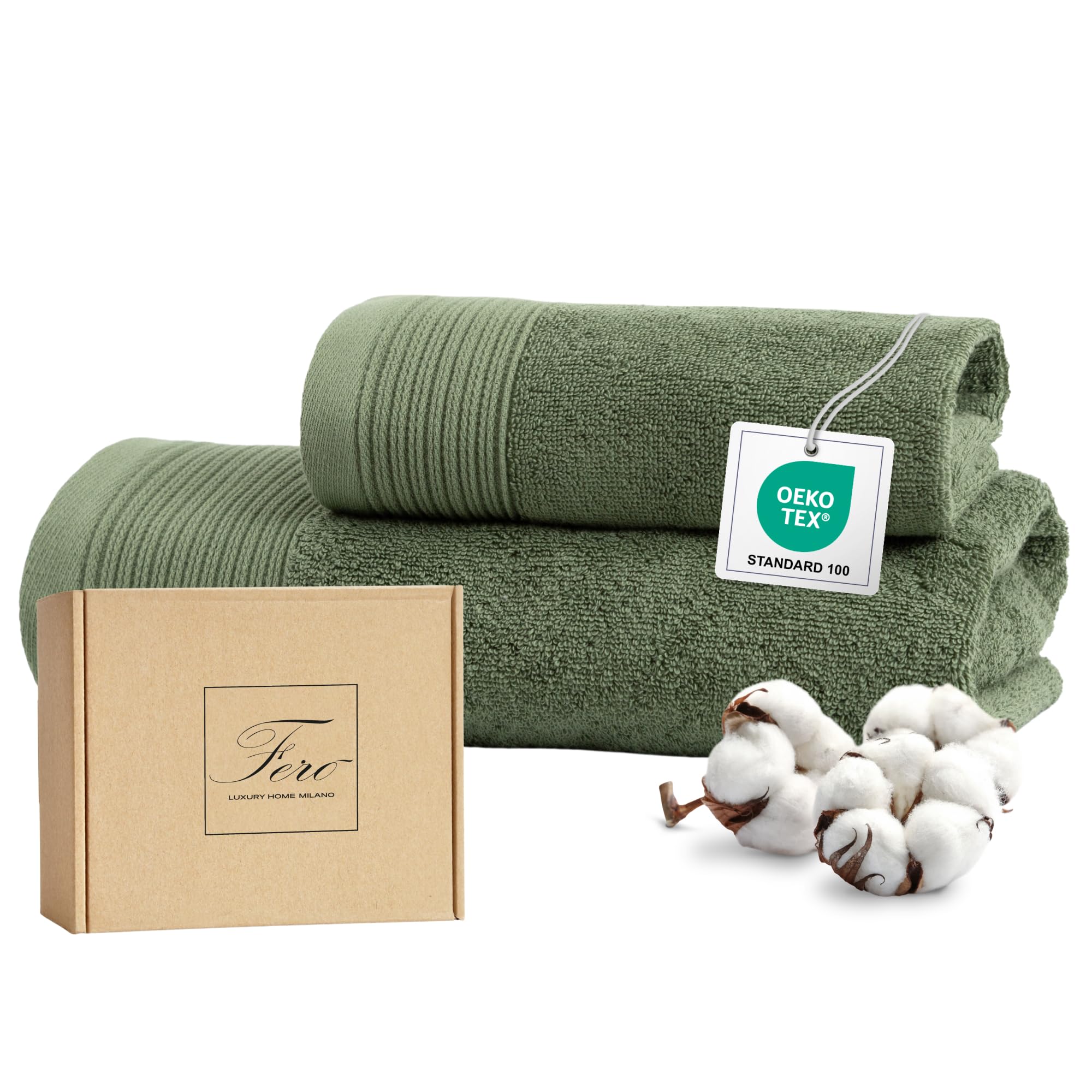 Ferò Set Asciugamani Bagno di Lusso 2 Pezzi, OEKO-TEX 100% Cotone Premium 550 g/m², Ultra Morbido e Assorbente, Design Italiano, Coppia Asciugamani Viso e Bidet, Asciugamano 50x100, 50x30 cm, Verde