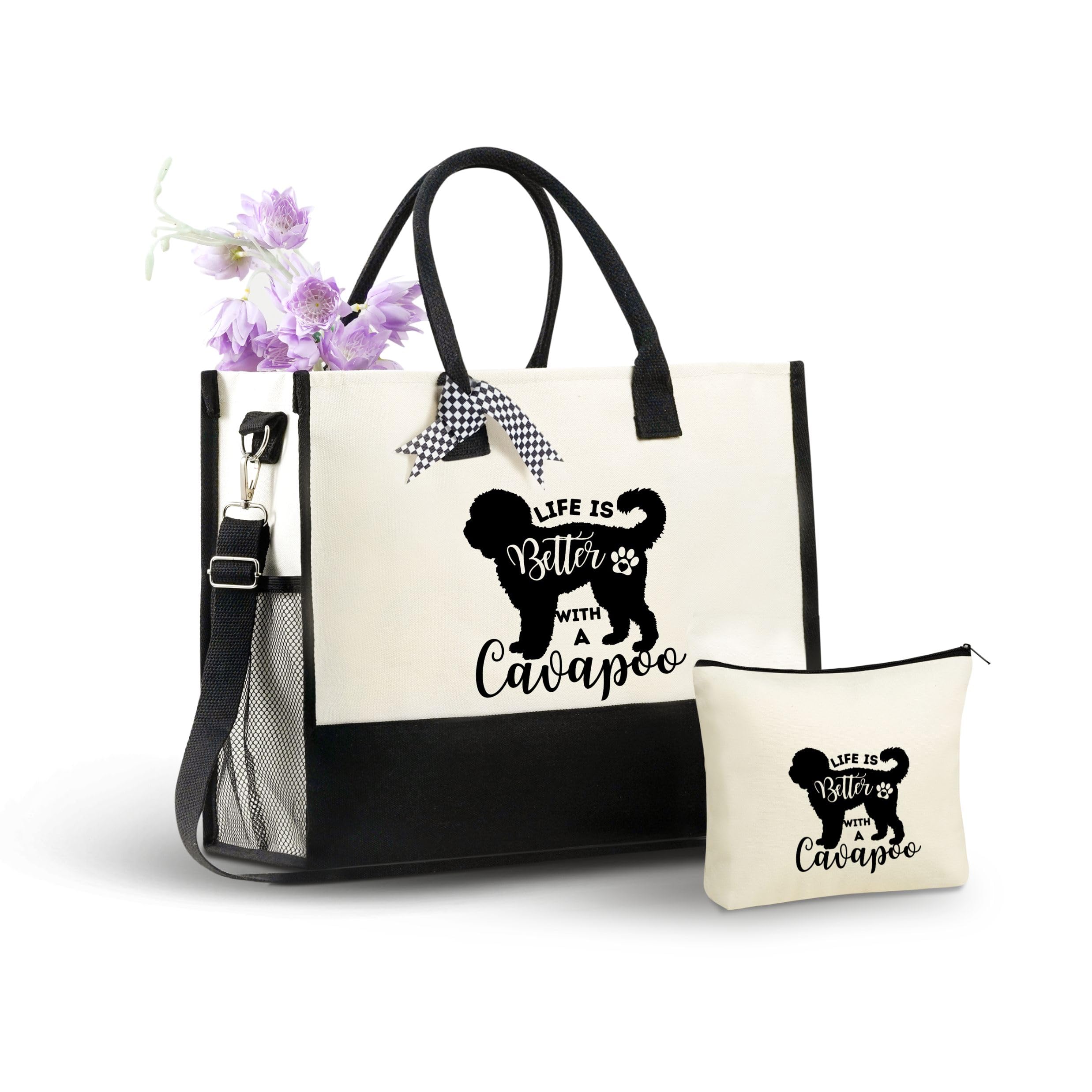 InnoBeta Cavapoo Gifts for Women Canvas Tote Bag, Cavapoo Gifts Tote with Top Zipper Closure and Shoulder Strap for Birthday, Mother's Day, Christmas