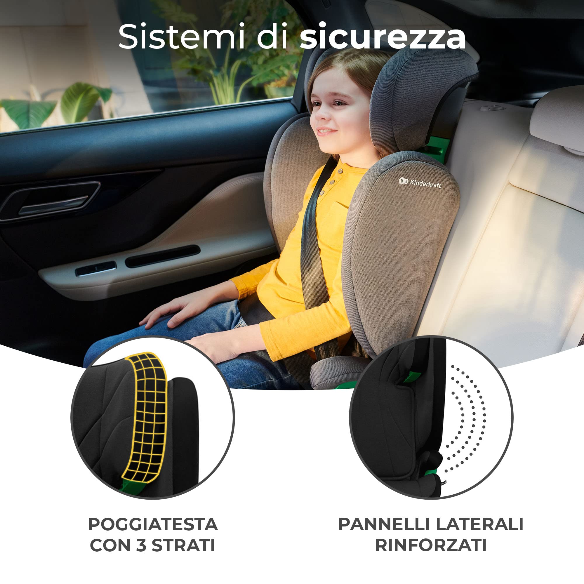 Kinderkraft JUNIOR FIX2 I-SIZE Seggiolino auto 15-36 kg, 100-150 cm, con Isofix, Poggiatesta regolabile, Sistemi di sicurezza, Leggero Facile da trasportare, Nero