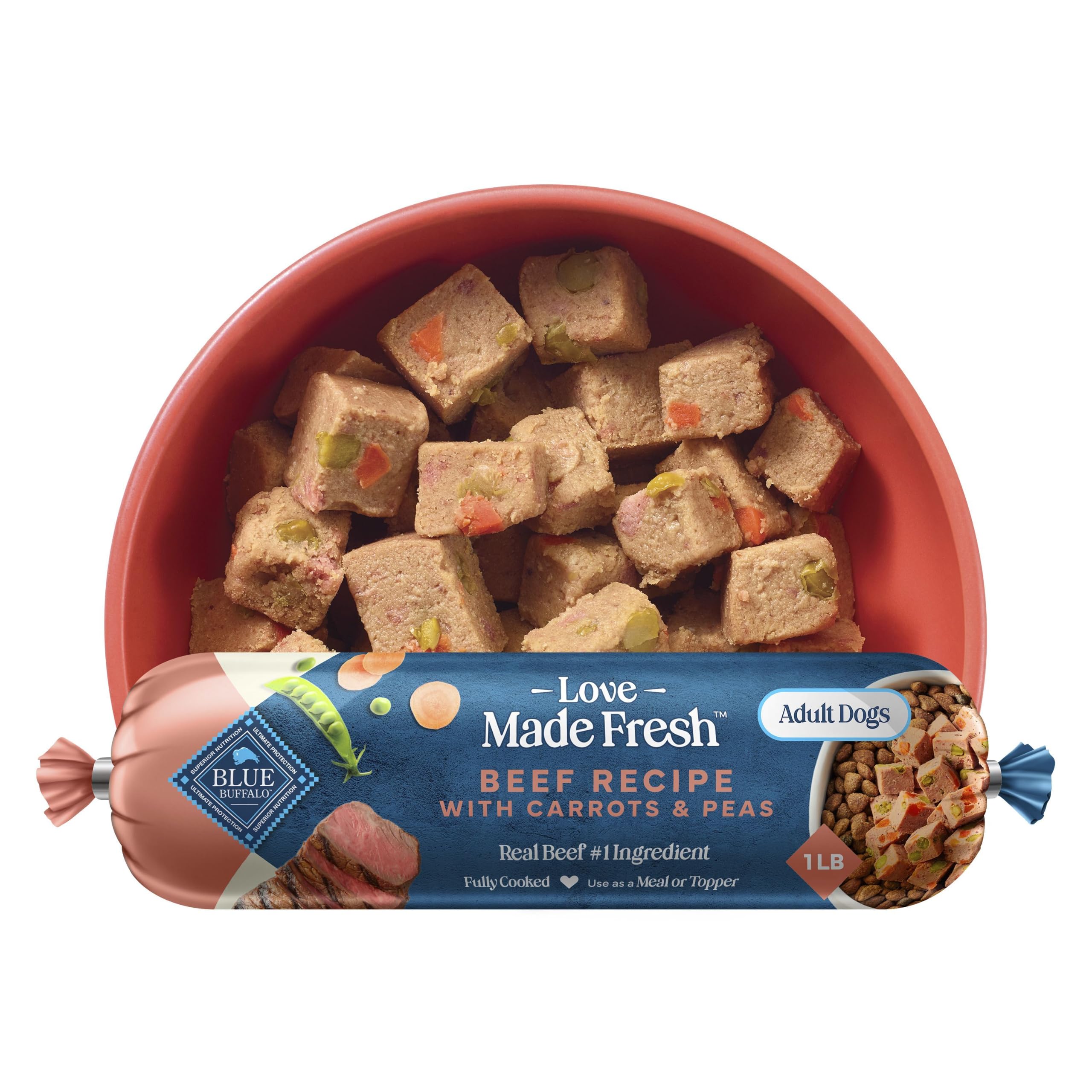 Blue Buffalo Love Made Fresh Natural Adult Dog Food, Refrigerated, Beef with Carrots and Peas, Fresh Dog Food, Ready-to-Serve, 1-lb Roll