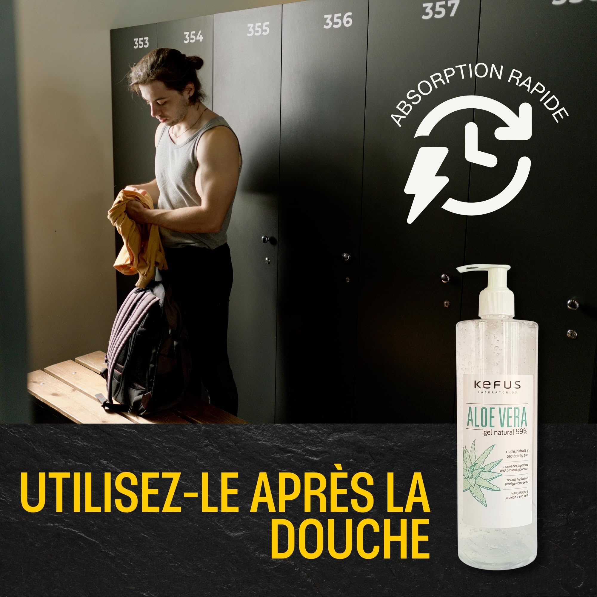 KEFUS Aloe Vera gel pur naturel 500 ml. Absorption immédiate et agréable texture non grasse. Nourrit, hydrate, rafraîchit et soigne la peau. Après-soleil. Afersun