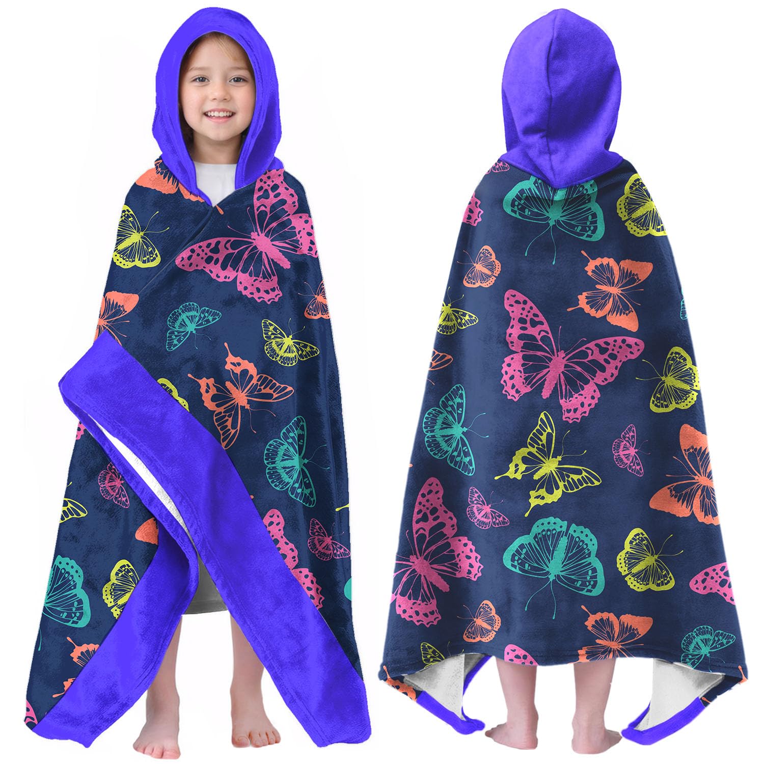 Butterfly Print Hooded Beach Towel for Kids, 35x60 in Bath Swim Wrap, 02
