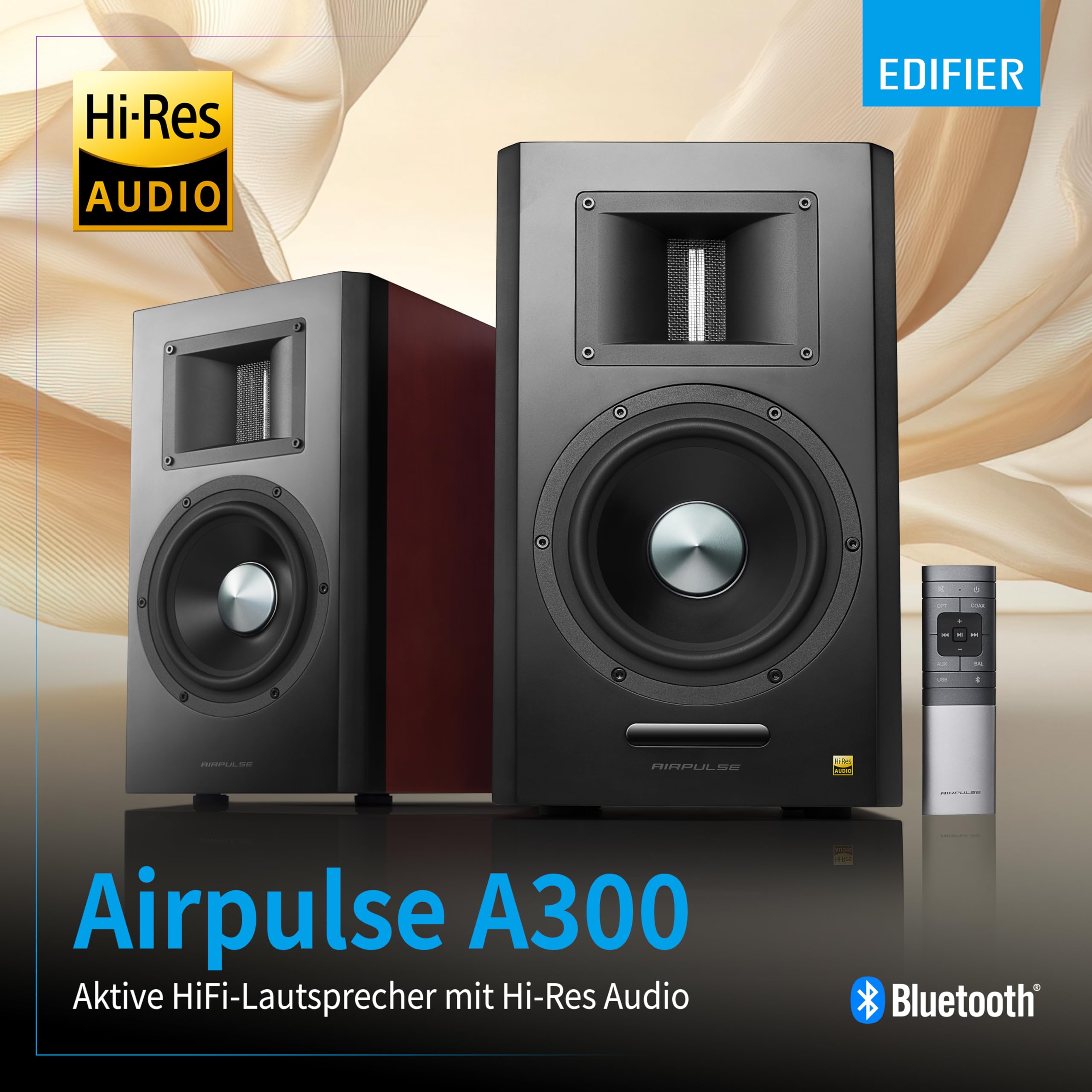 EDIFIER AIRPULSE A300 - 2.0 Studiomonitore (160W) mit Bluetooth V5.0 (aptX), Bändchen-Hornhochtöner für präzise und klarste Höhen, vielseitige Anschlussmöglichkeiten, inkl. Fernbedienung
