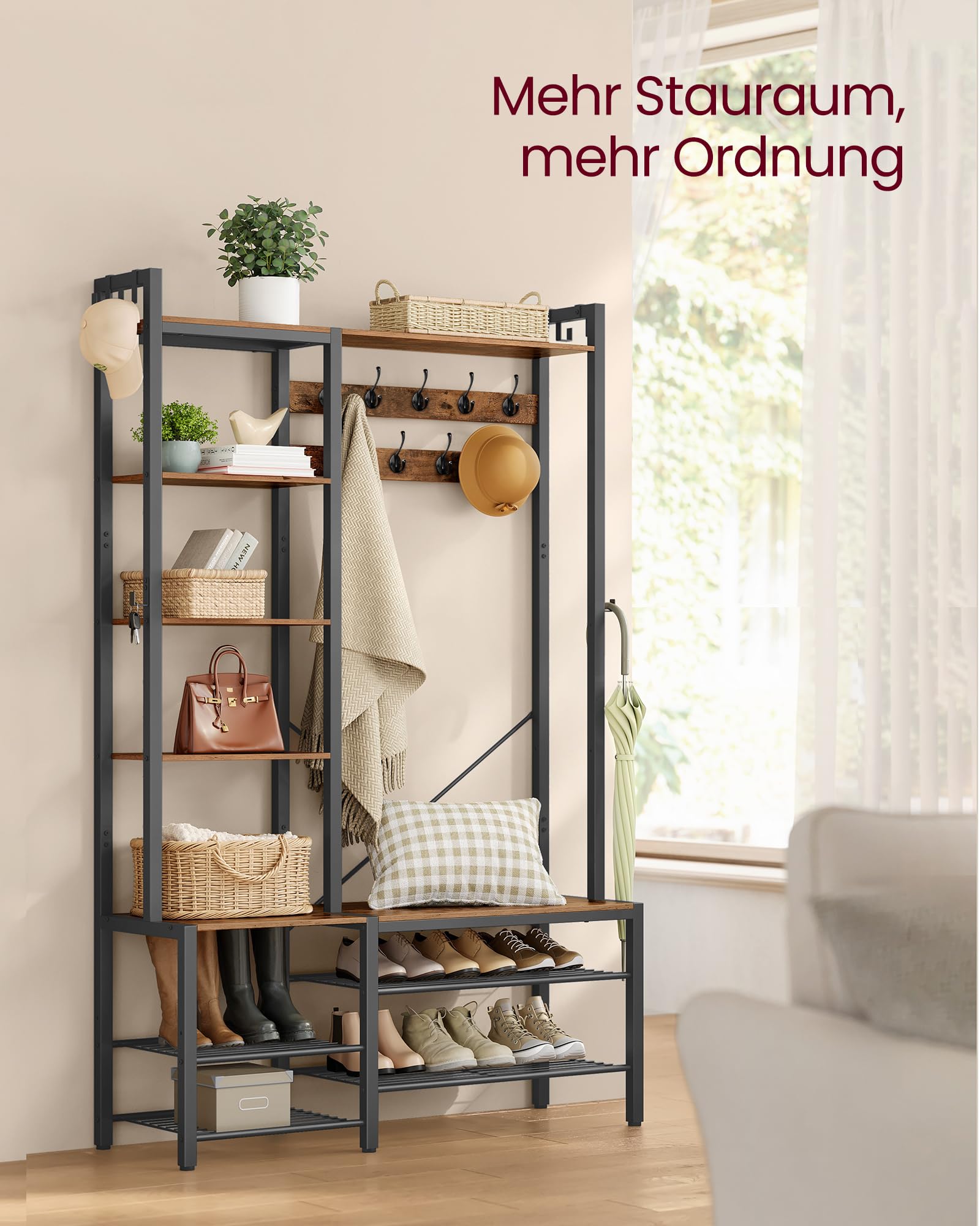 VASAGLE Garderobenständer mit Schuhbank, Garderobe, 5 Regalebenen aus Spanplatten, 9 Dreifach-Haken, 6 seitliche Haken, 40 x 120 x 190 cm, vintagebraun-tintenschwarz HSR426B01