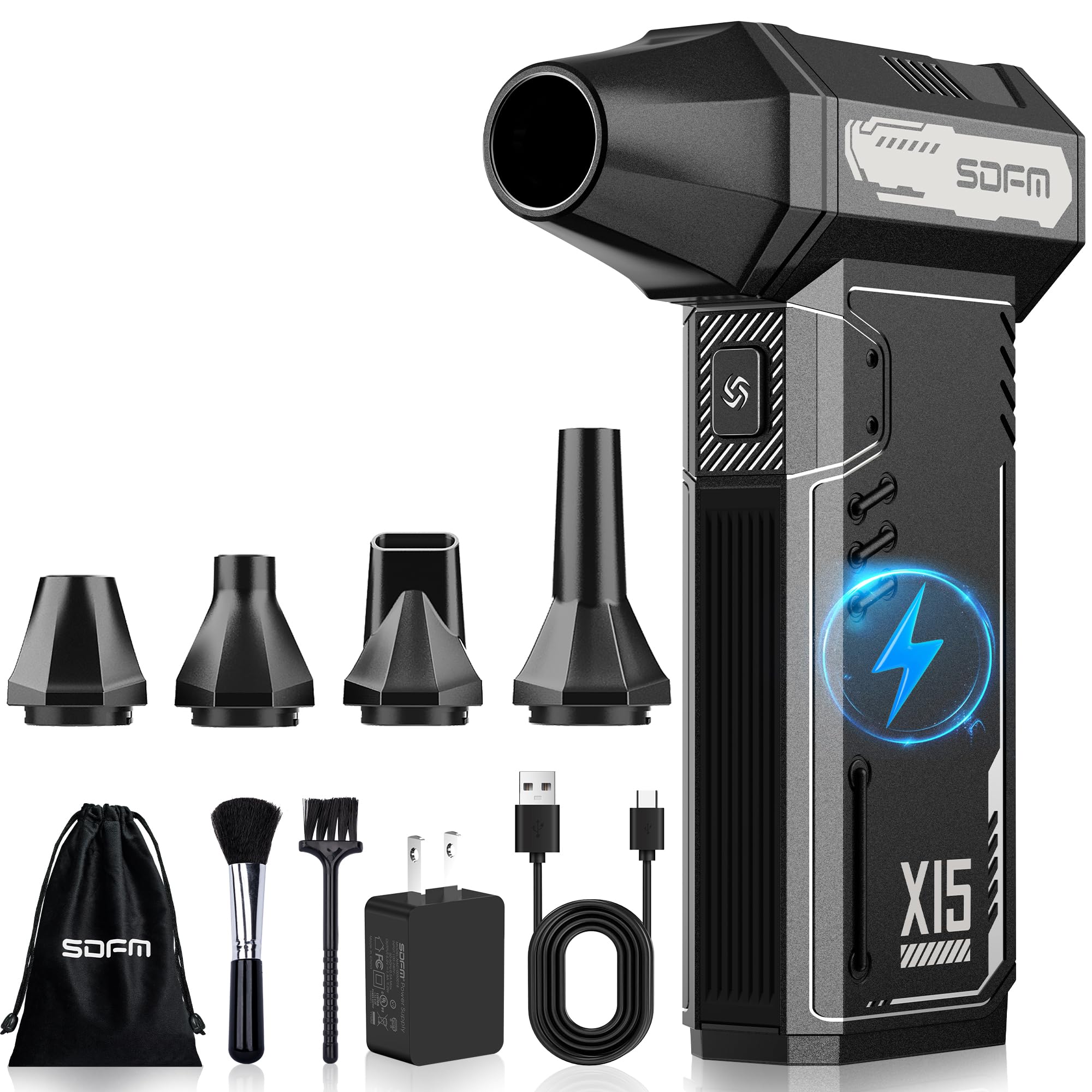 SDFM Compressed Air Duster - 180,000 RPM Electric Air Duster - with Brushless Motor, 3-Gear Adjustable Air Duster - for Keyboard, PC, Car, Air Bed, and Home Cleaning (X15)