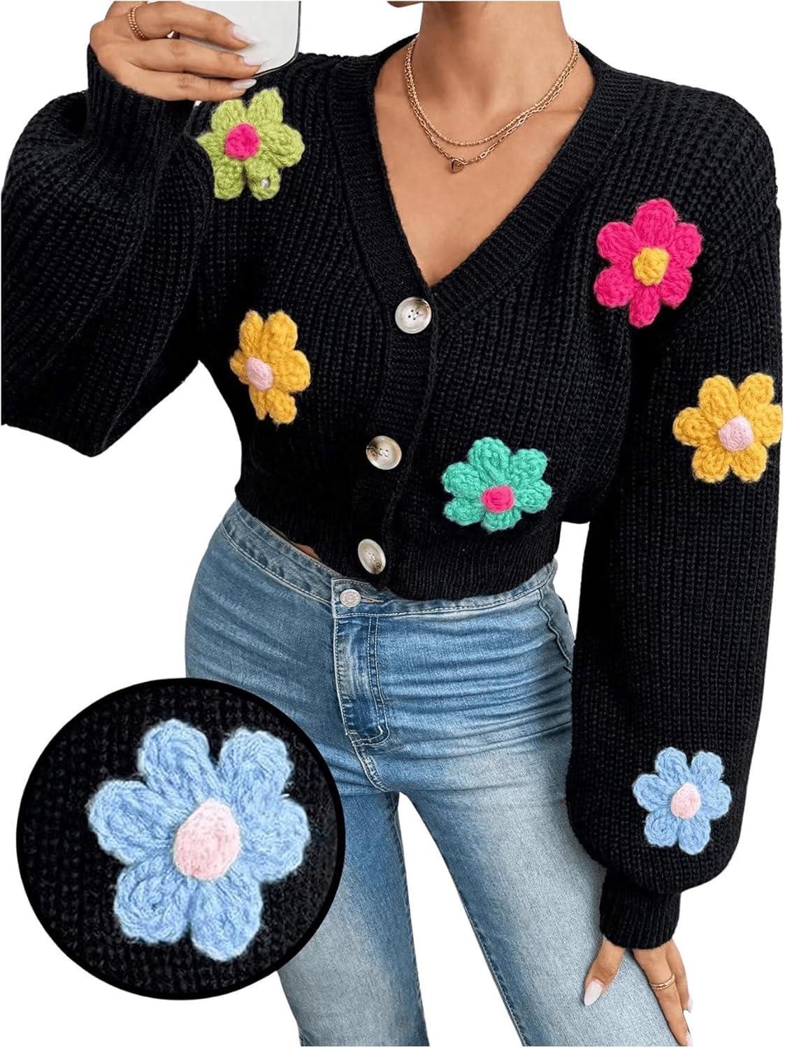 SHENHE Women's Button Down Lantern Sleeve V Neck Knitted Cropped Flower Cardigan Sweater - Image 4