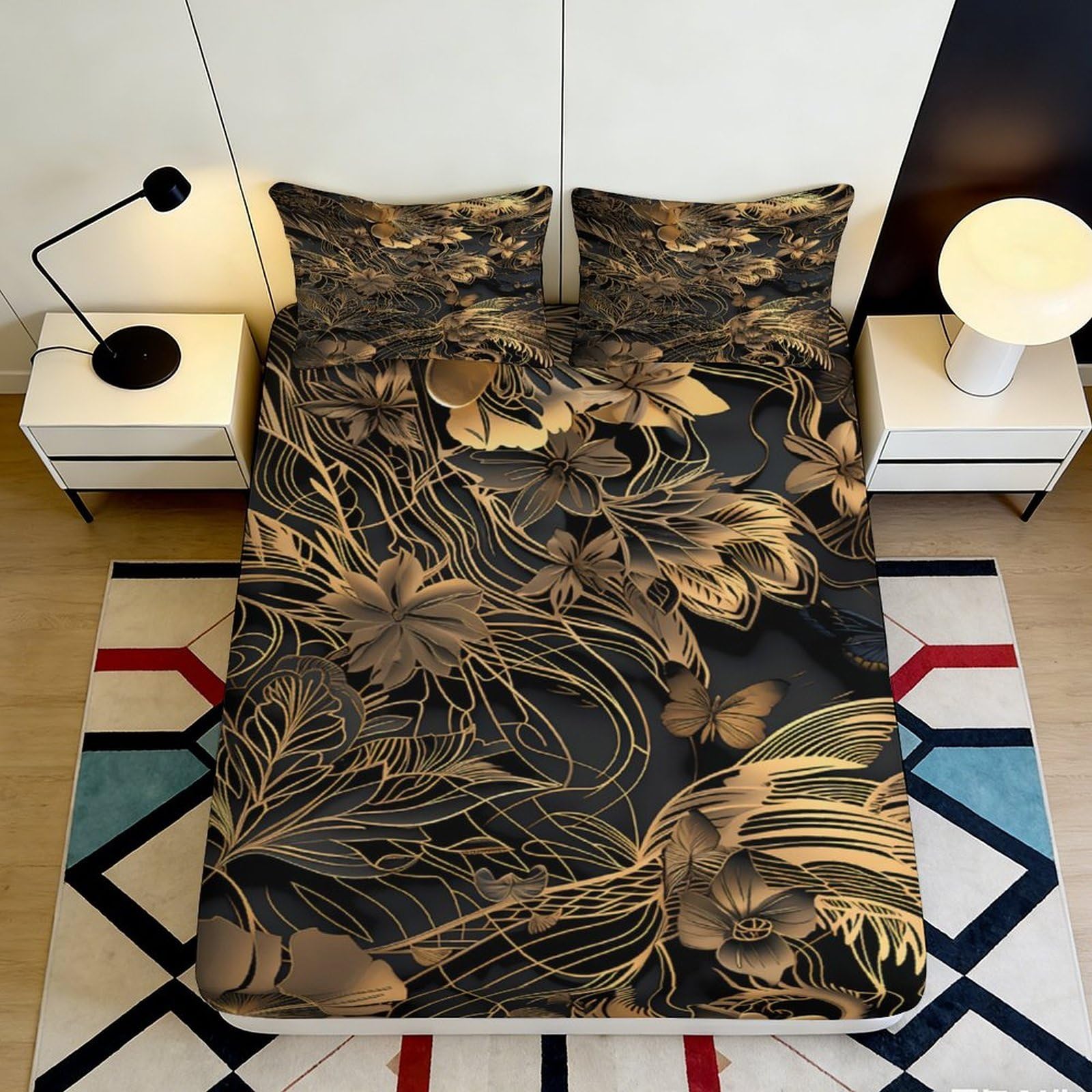 3D Printed Golden Floral Fitted Sheet Microfiber Elastic Hem Deep Pocket Bedding Golden Floral Mattress Fitted Cover Non-Slip Wrap 90x200x25cm