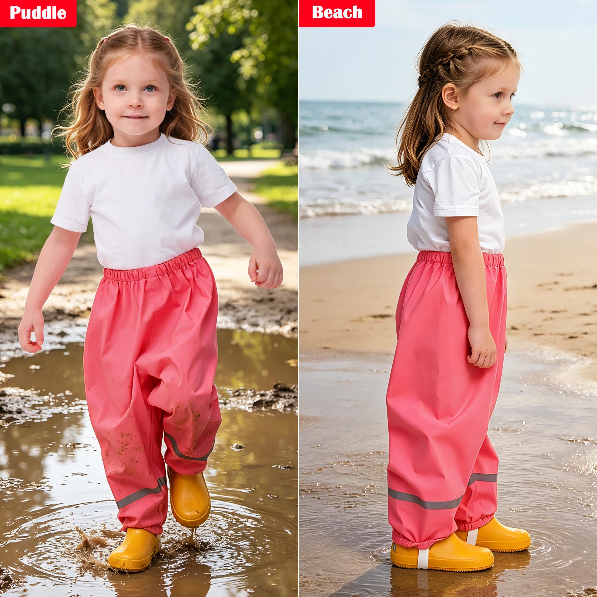 Fewlby Enfant Pantalon Imperméable Pantalon de Pluie, Filles Garçons Combinaison de Pluie avec Bandes Réfléchissantes Réutilisable Vêtements de Pluie