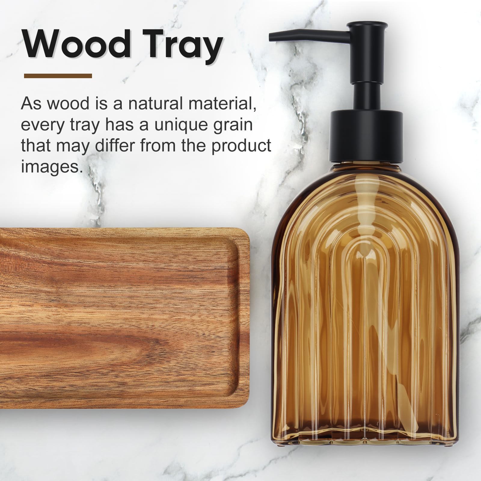 2 Pack Arch Glass Soap Dispenser with Plastic Pump, 13OZ Liquid Hand Soap Dispenser with Cassia Wood Tray, Rustproof Pump for Kitchen & Bathroom, Great for Lotions, Essential Oil, Liquid Soaps,Amber - 2