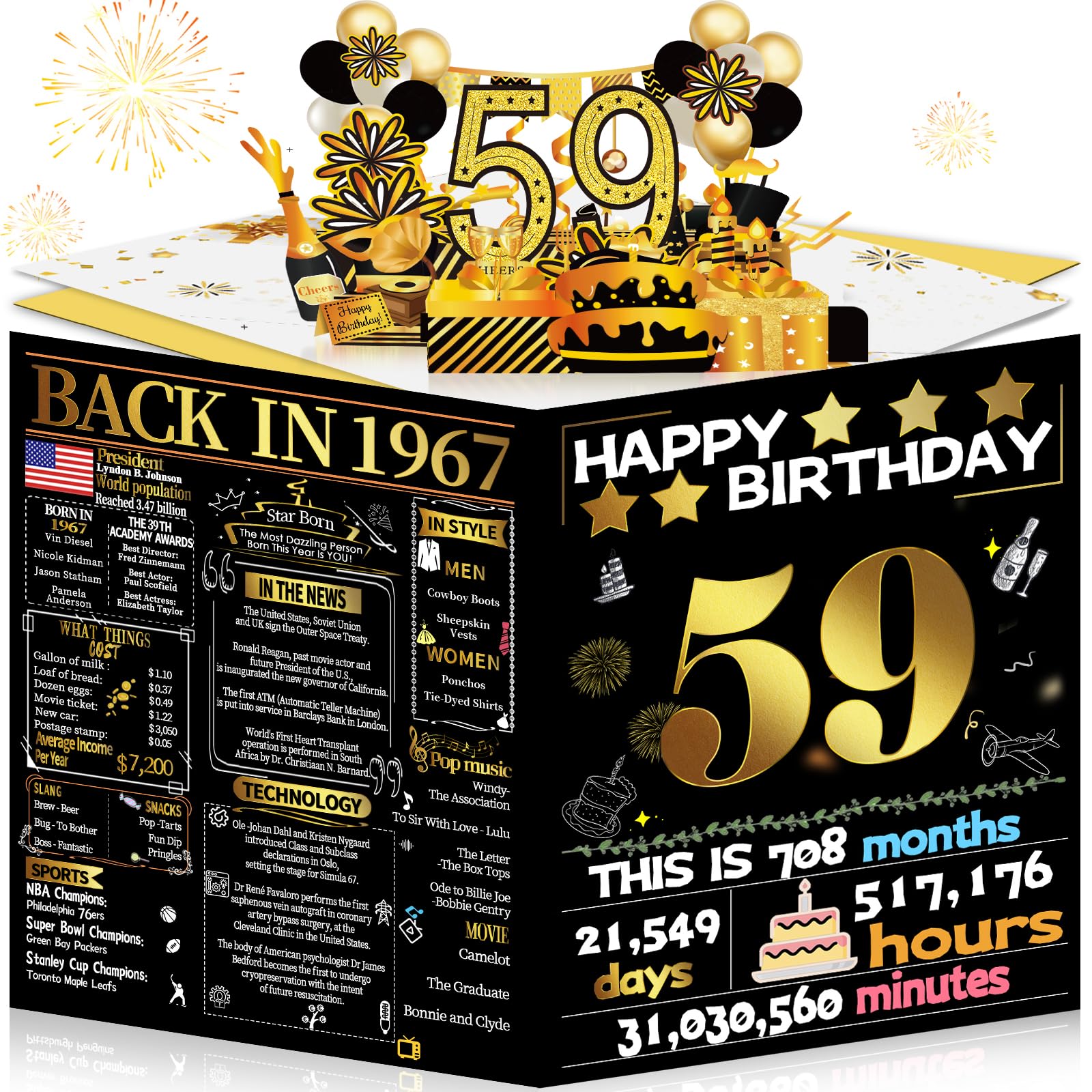 Joycard 59th Birthday Card for Women Men, 3D Pop Up Happy Birthday Gift for Mother Dad, Funny 59 Year Old Birthday Decorations for Wife Husband, Back in 1967 Laser Gold Retro Theme