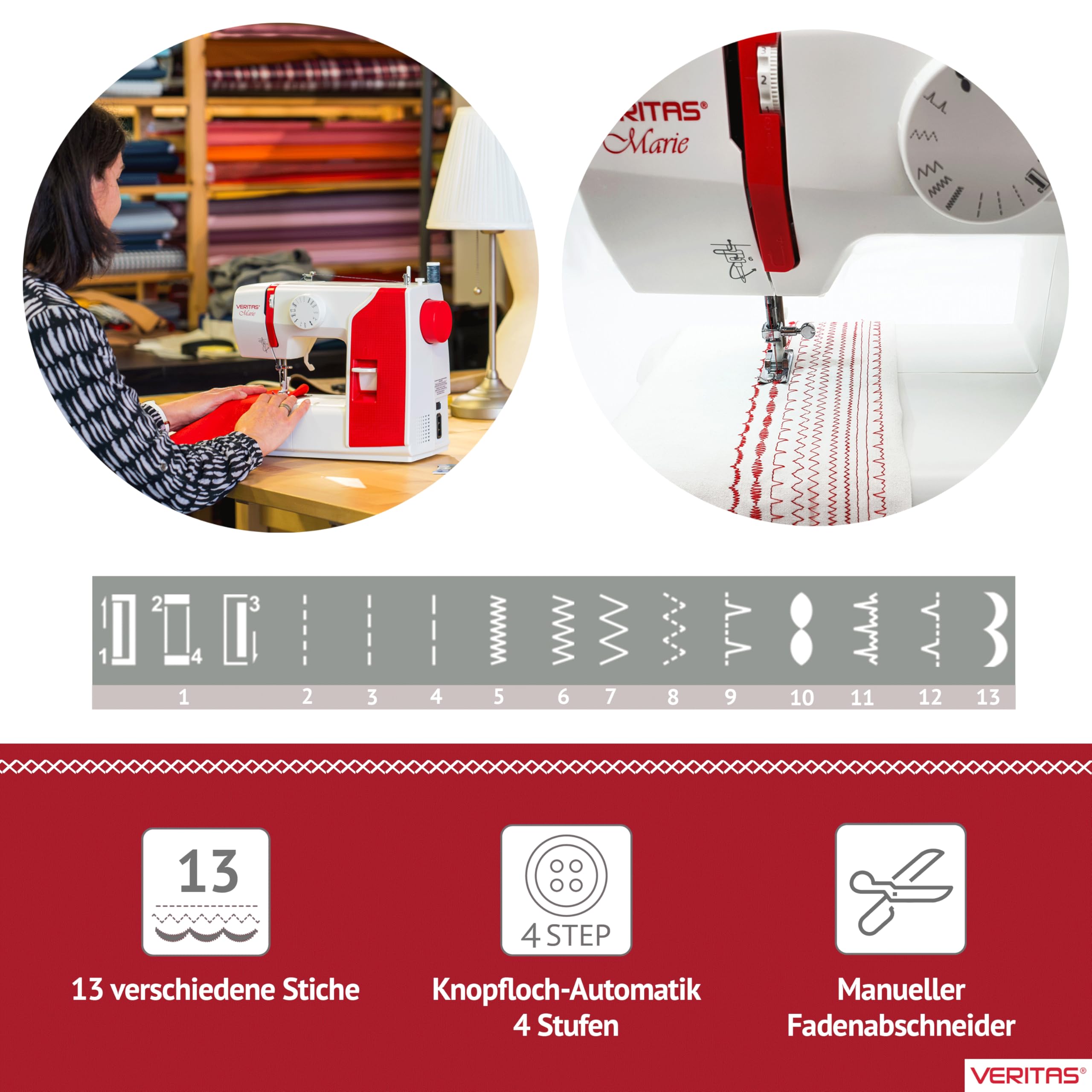 VERITAS Nähmaschine Marie I 13 Stichprogramme I Auto-Fadenspannung & Fadenabschneider I LED-Nählicht I Snap-On Nähfußsystem I Zierstiche & Stretch-Stiche I Kleine Nähmaschine für Anfänger (weiß-rot)