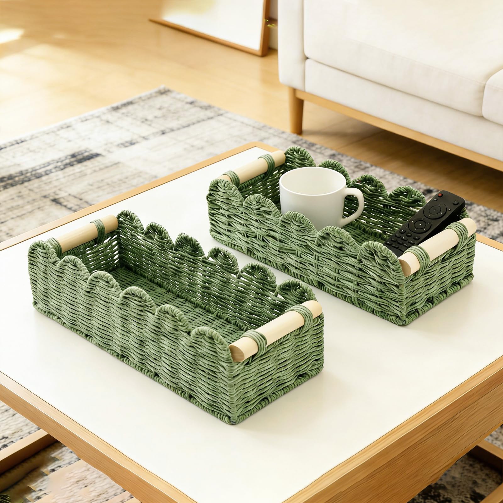 Set di 2 Cestino Portaoggetti, Cesto Vimini Portaoggetti Intrecciato con Maniglia,Organizer Bagno, Impilabile Cestini Stoccaggio Organizer Fasciatoio per Cameretta Salotto Bagno (Verde)