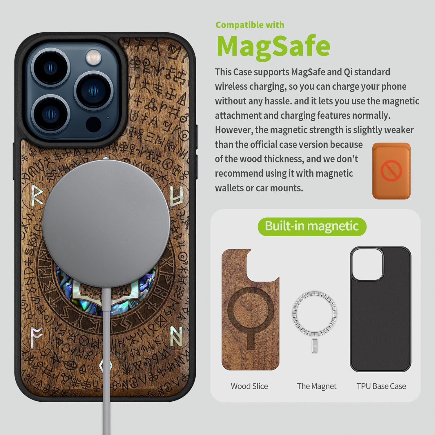 Carveit Wooden Case for iPhone 15 Pro Magnetic Case, Compatible with MagSafe Wireless Chargers, Shockproof Cover, Handmade Shell Inlaid & Wood Artisan Engraved (Thors Hammer) Walnut