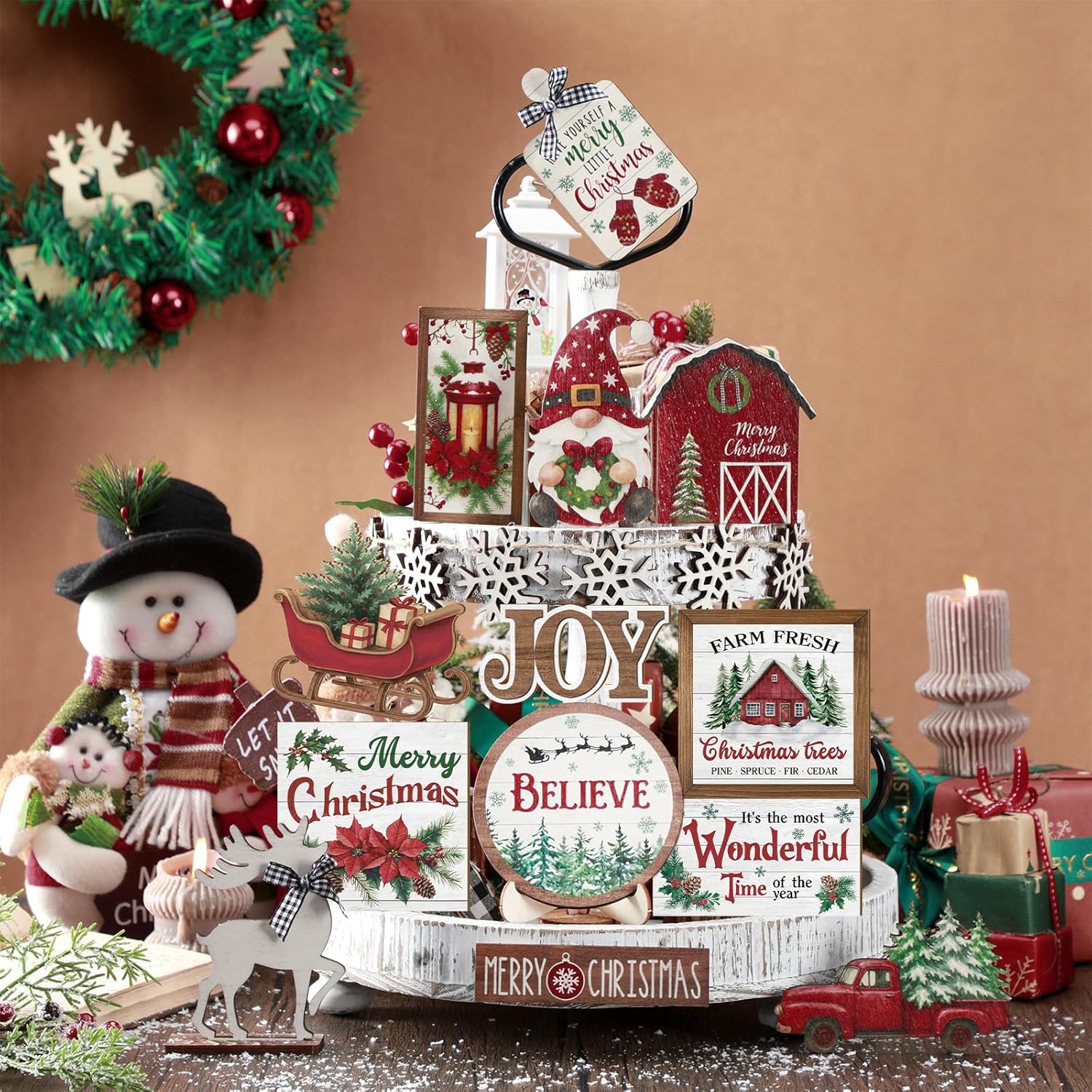 Holiday Tiered Tray Decor Christmas Tiered Tray Decorations Set Truck Wooden Signs Farmhouse Table Decorations for Home Table Shelf (Wonderful)