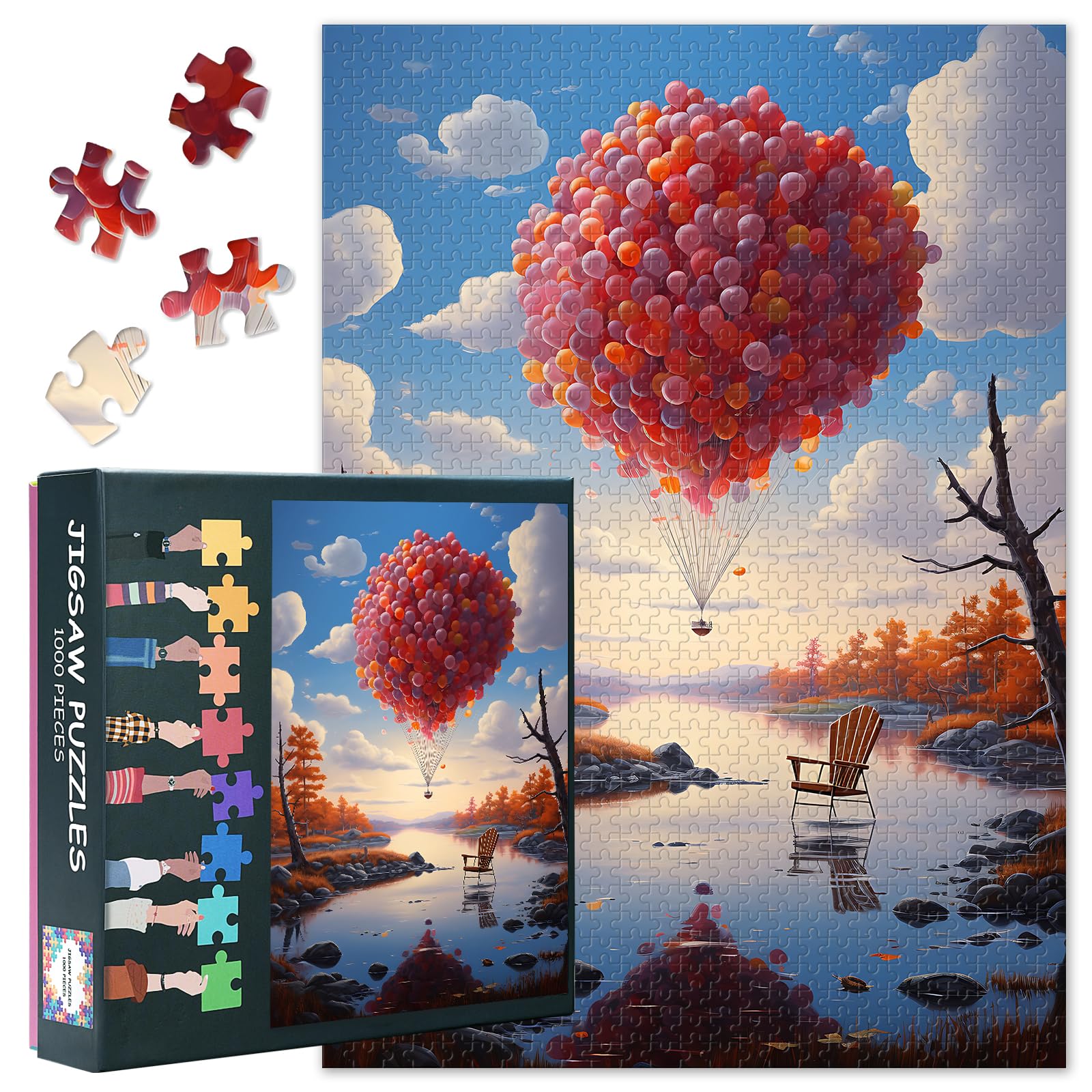 Jigsaw Puzzles for Adults 1000 Pieces, 1000 Piece Puzzle for Adults - Serene Autumn Lake View with Chair and Hot Air Balloon Landscape, Challenging 1000 Piece Puzzles - 27.5x19.7 Inches — image 1