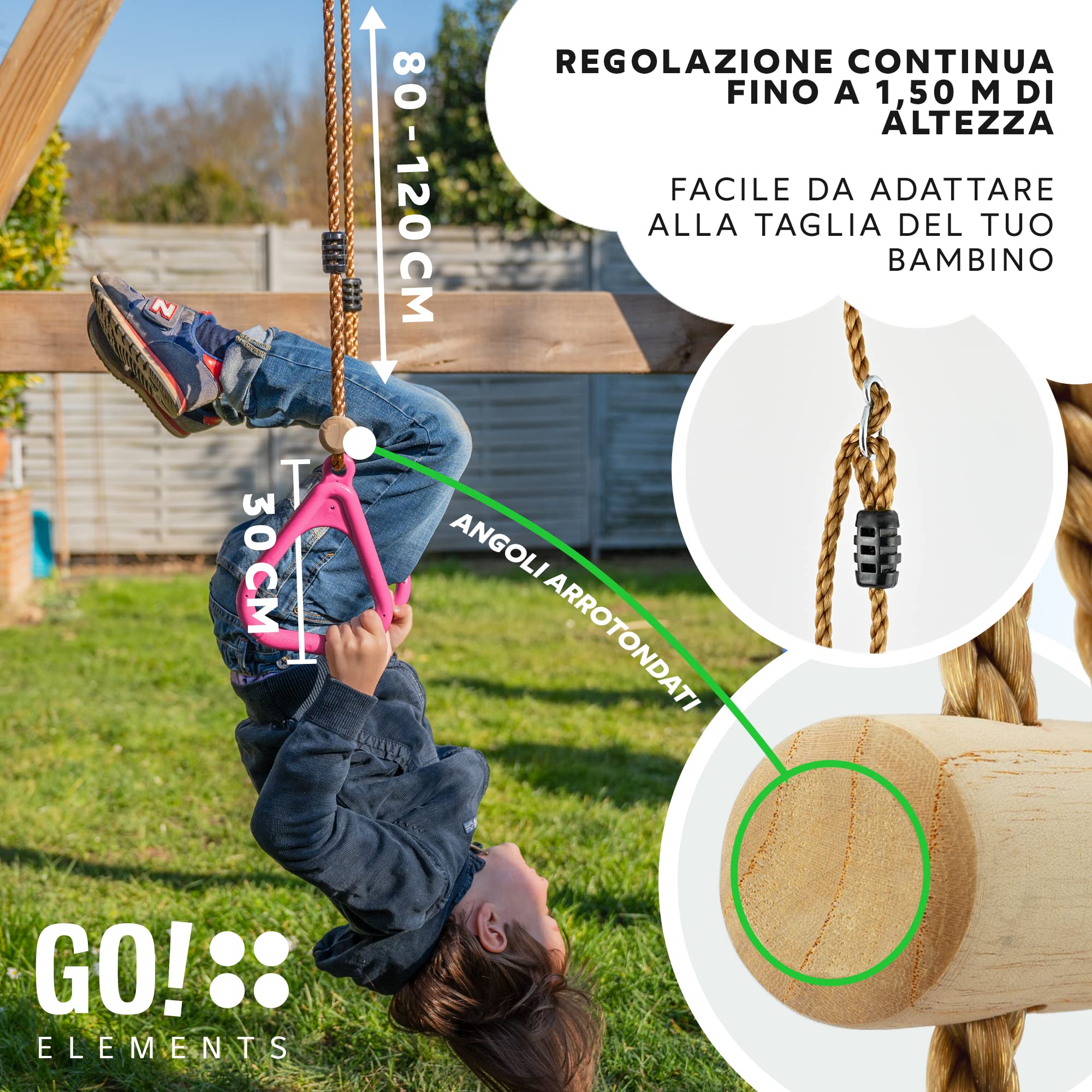 GO!elements Balançoire Trapèze Enfant Extérieur - Siège Intérieur - Corde, Assise - Hauteur Réglable - Antidérapant - Couleur: Rose