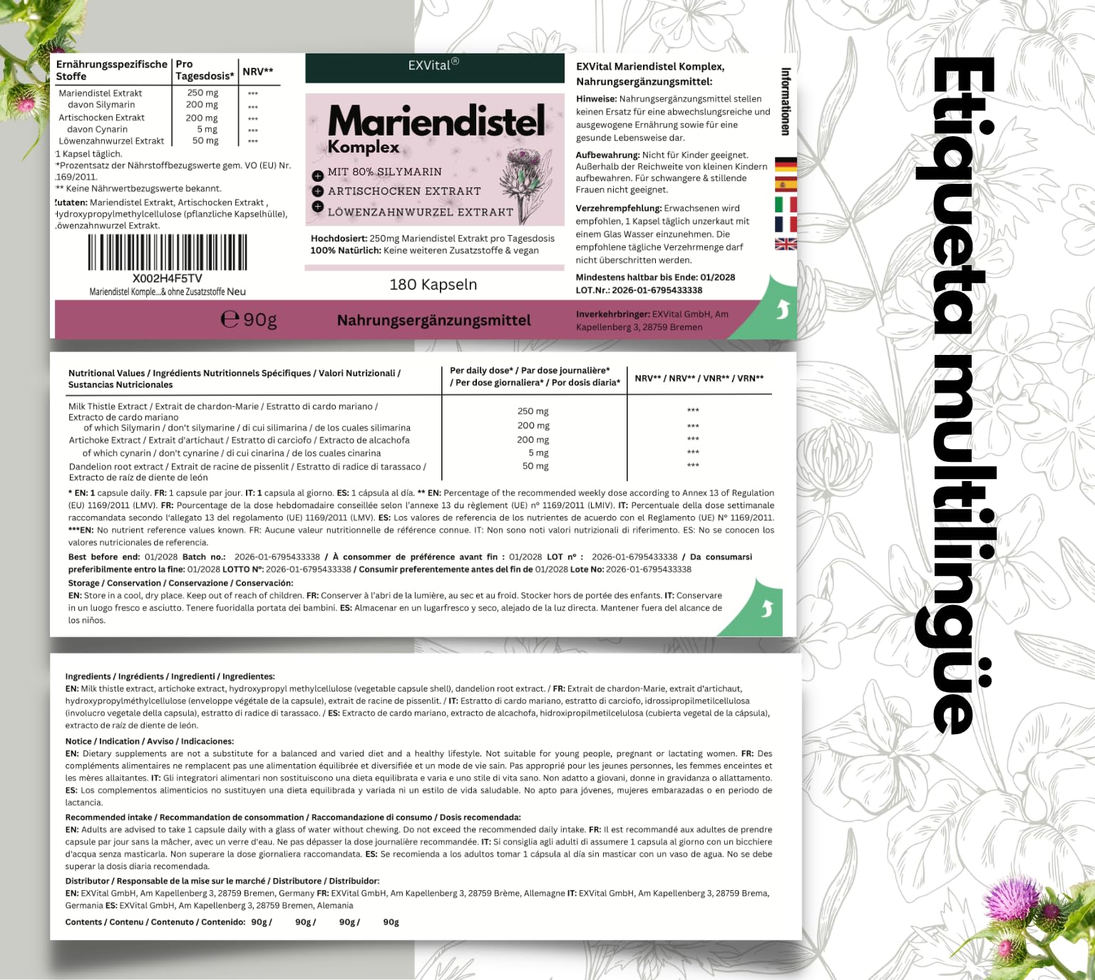 Complejo de cardo mariano con alcachofa y diente de león, 180 cápsulas, Alta concentración con un 80% de silimarina, 250 mg de extracto de cardo mariano por cápsula, apto para veganos y sin aditivos