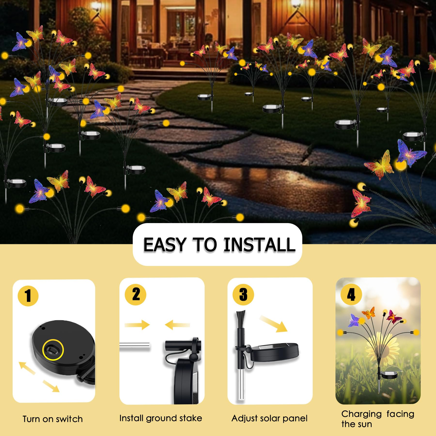 Solar-Lichter mit Glühwürmchen-Motiv, bunte Schmetterlings-Gartenlichter, 2 Stück, wasserdichte Außenleuchten für Wege, Landschaft, Camping, Hof, Rasen-Dekoration