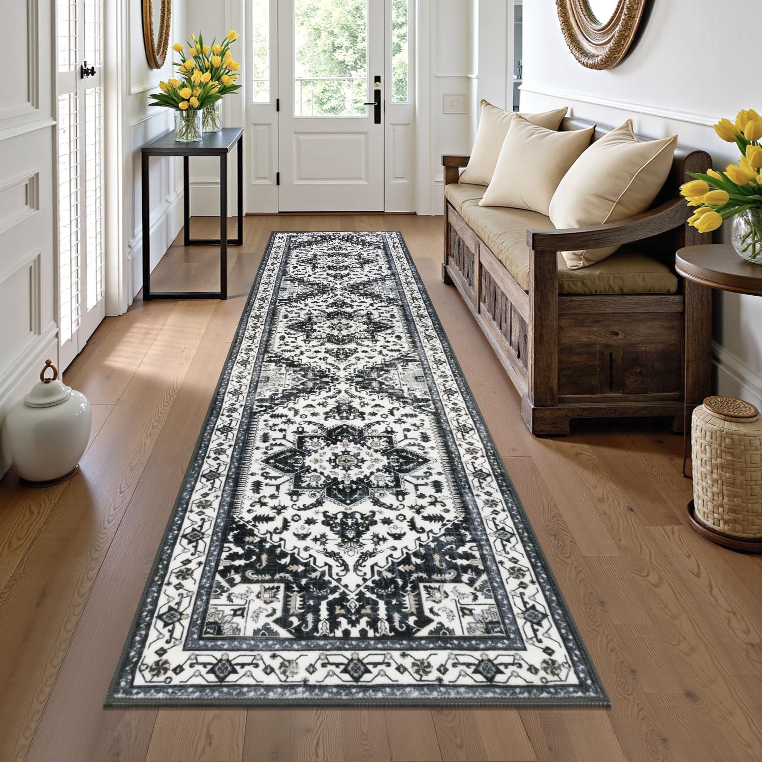 Yamaziot Washable Runner Rug, 2x8 Non-Slip Boho Vintage Hallway Kitchen Rug | Stain Resistant,Low Pile, Soft Distressed Floor Carpet with Rubber Backing for Bedroom, Kitchen, Laundry, Entrance 2' x 8' Black/White