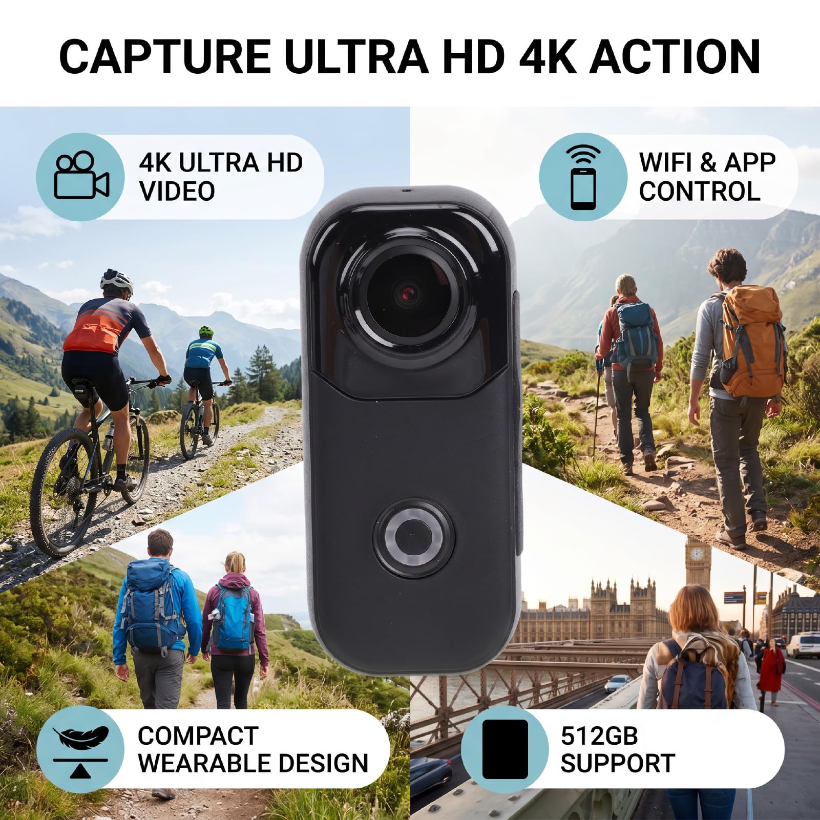 Sxhlseller Videocamera 4K Action Camera, WiFi Controllo App, 800mAh, per | Plastica Tecnica, Ideale per Vlogging Indossabile, Ciclismo, Escursionismo e viaggi. App per Smartphone, Porta Type C,