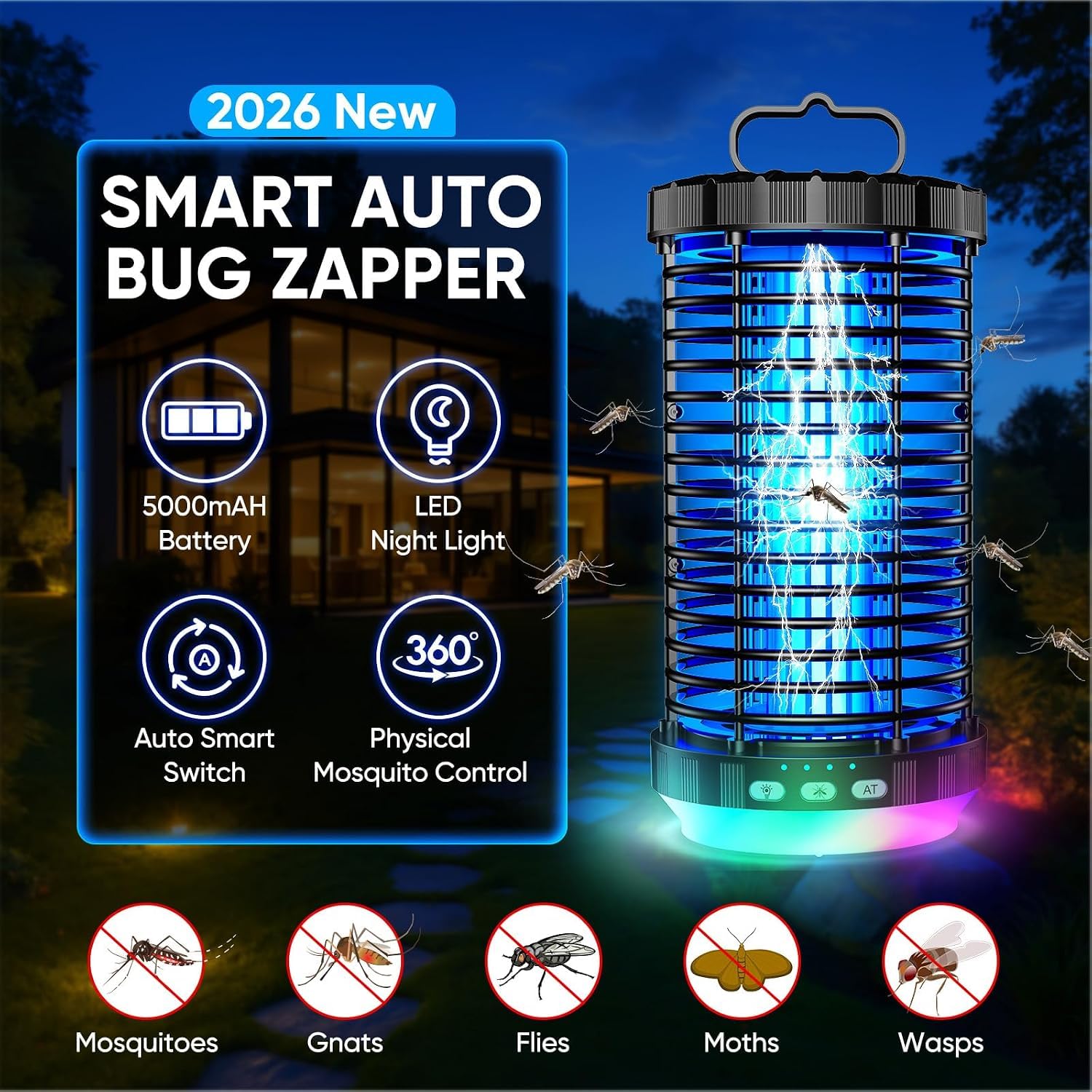 CreateFun Bug Zapper Outdoor 2026 Verbesserter 3-in-1 wiederaufladbarer Insektenvernichter mit 5000 mAh Akku und LED-Nachtlicht, 4000 V, kabellos, wasserdicht, Mückenzapper für draußen, Terrasse