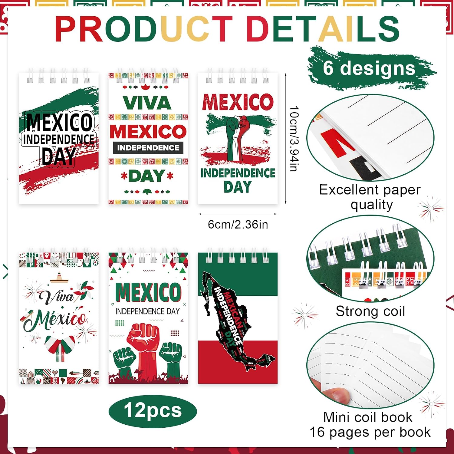24PCS Mexican Independence Day Mini Spiral Notepad and Pen Set, Ballpoint Pen Pocket Notepad Bulk Gifts Supplies for Dia De La Mexico Independencia Party image 2