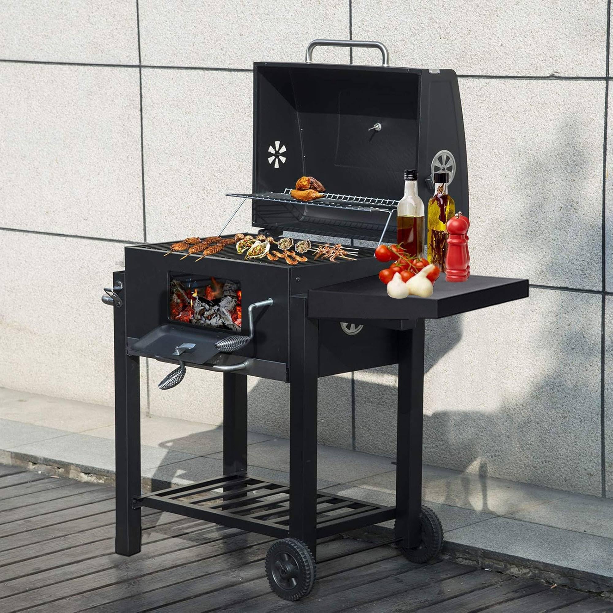 Well Home Barbacoa de carbón Color Negro con Doble Parrilla y Mesa Auxiliar H.96cm