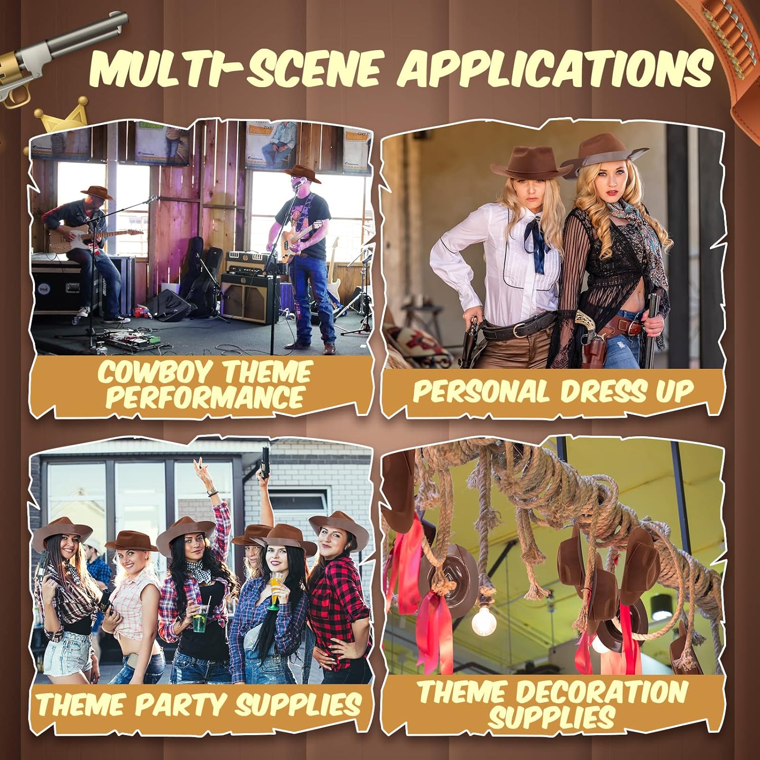 Mepase 24 Pieces Disposable Plastic Western Cowboy Hat Set Felt Wide Brimmed Cowgirl Hats for Men Women Costume Party(Brown) - Image 7