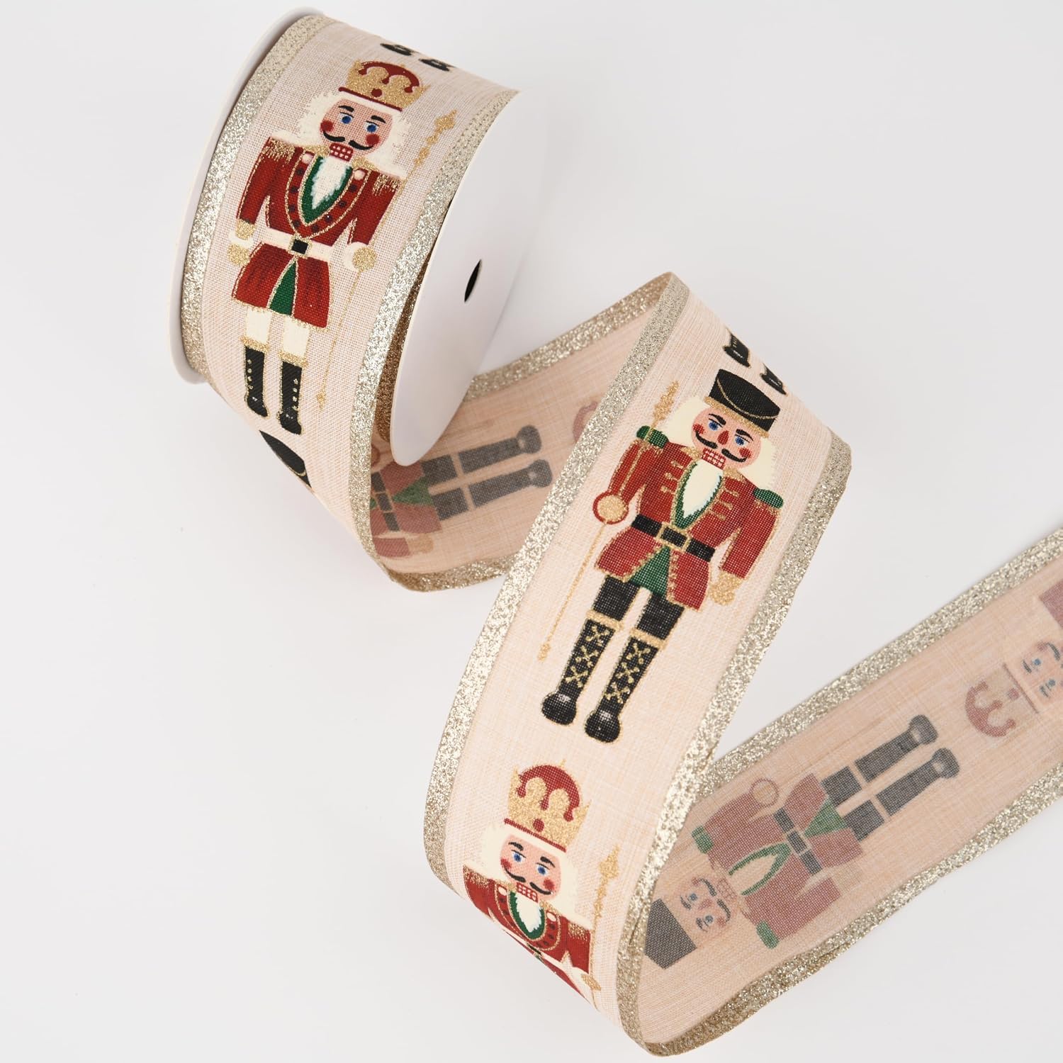 Wired Ribbon 2.5 inch, Christmas Wired Edge Ribbons Glitter Nutcracker Ivory Satin Toy Soldier for Gift Wrapping Christmas Tree Decoration Crafts Wreaths Supplies-Continuous 10 Yards image 3