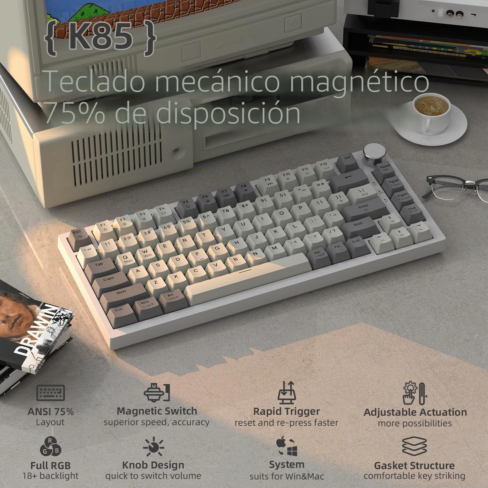 ATTACK SHARK K85 Teclado Mecanico Gaming para Valorant, Accionamiento Ajustable, Interruptor Magnético, Apex Pro TKL Gasket Teclado con Cable, RGB, Perilla, Soporte DKS/MT/TGL, QWERTY US, para PC/Mac