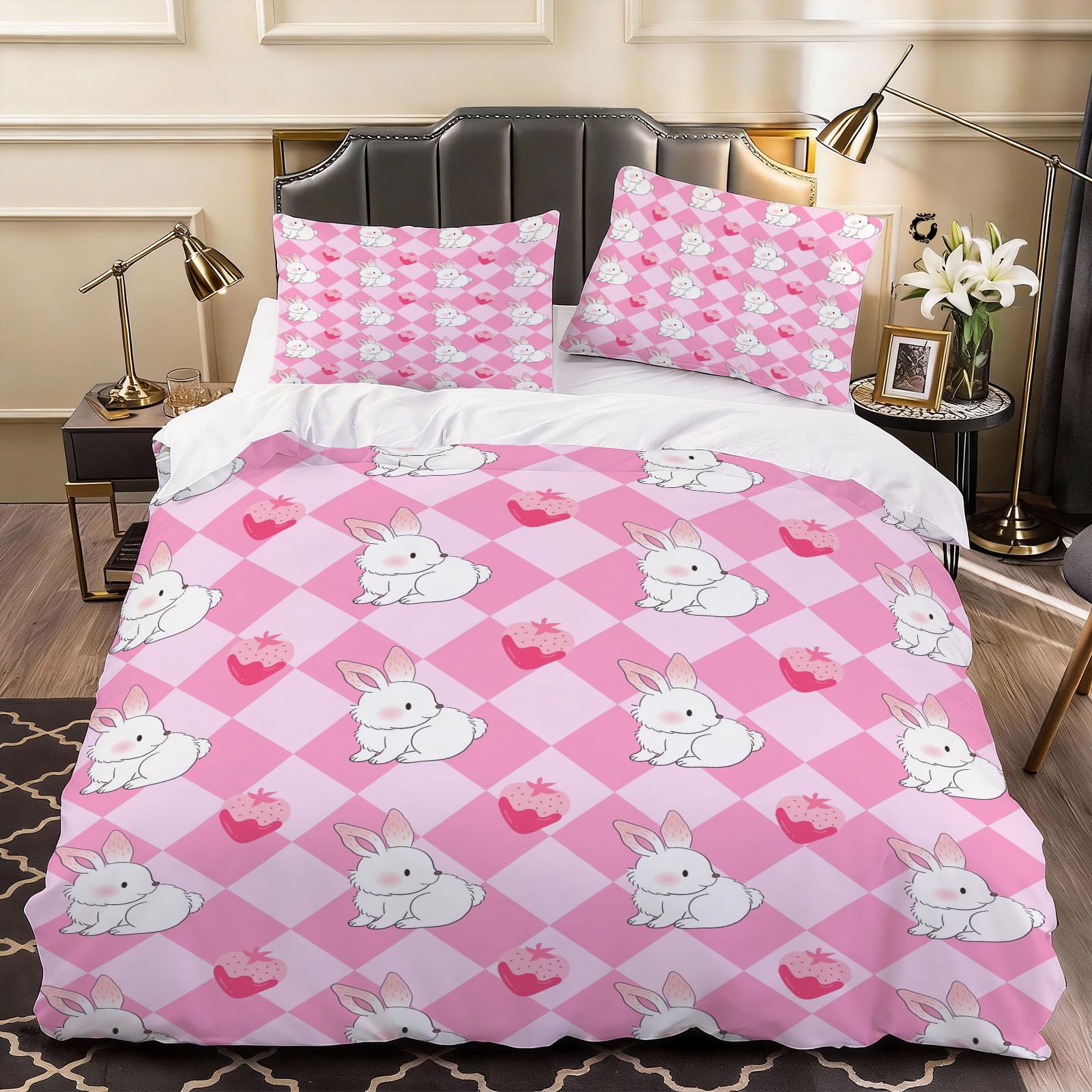 3D Rabbits Print Duvet Cover Gingham Bedding Double Bed Set, Soft Microfiber Comforter Cover Printed with Zipper Closure Quilt Coverr 200x200 cm and 2 Pillowcases