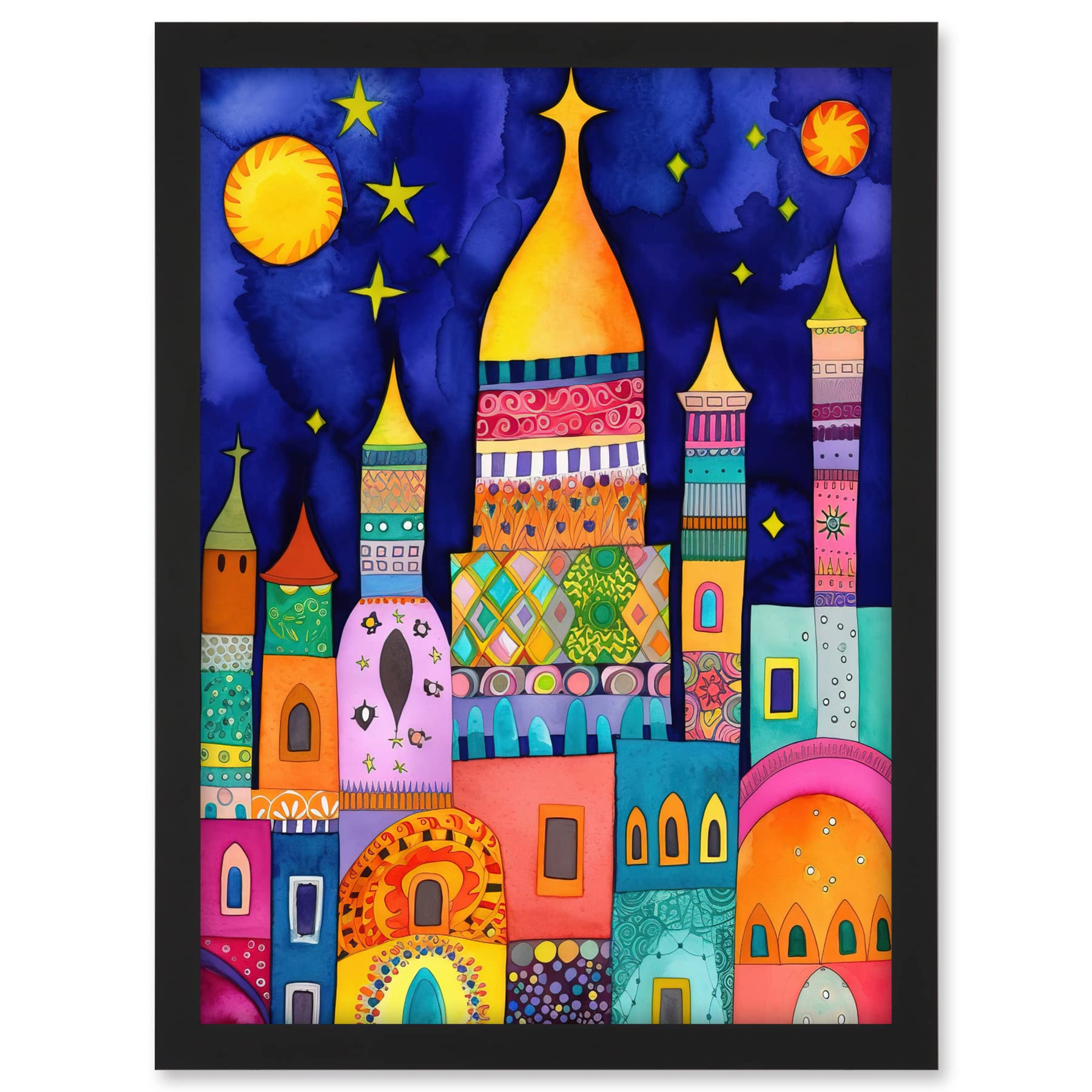 Artery8 Islamic Cityscape Moonlight Mosque Folk Art Artwork Framed A3 Wall Art Print