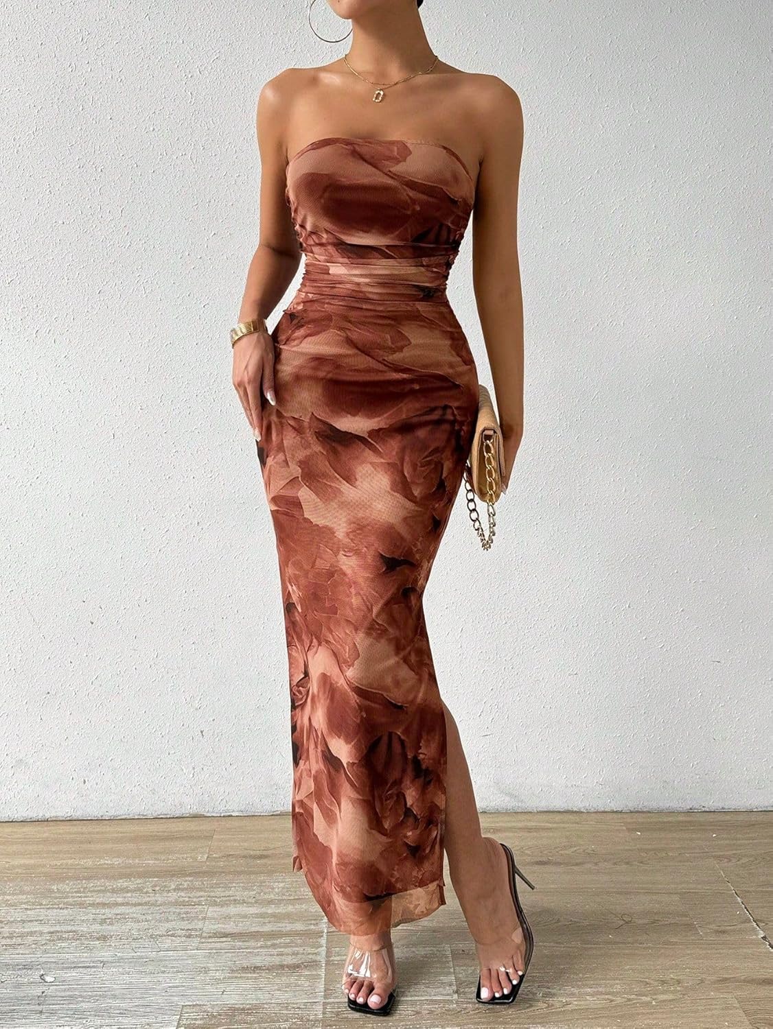 LIGHT DOT レディース サマードレス プリント ストラップレス チューブ ボディコン マキシ サイド スリット メッシュ レ