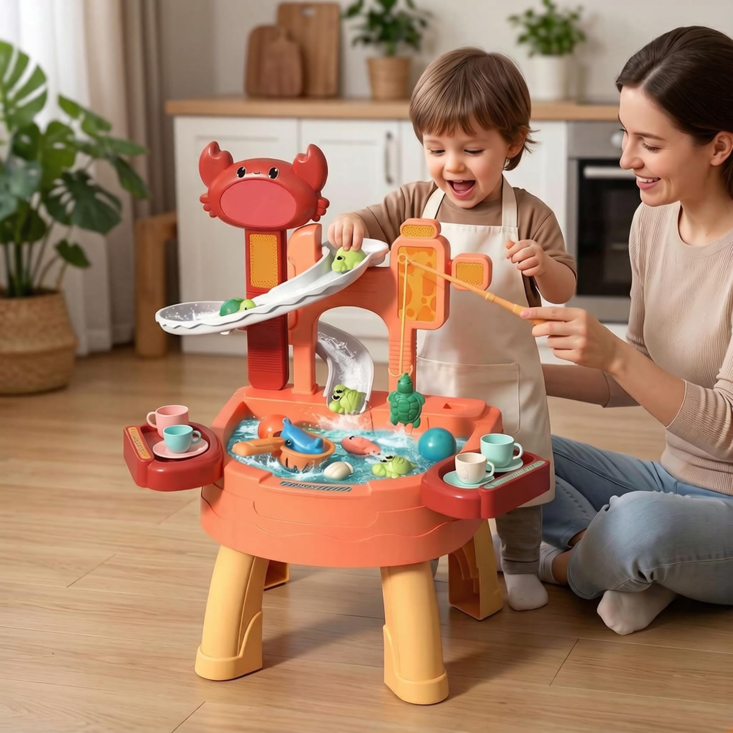 Wassertisch für Kleinkinder, 35 x 45 x 49 cm, sensorisches Wasser- und Sandaktivitäts-Spielset für Kinder mit Lauf-, Umlauf- und Angelspielzeug-Set, Sommer-Outdoor-Spielzeug für Kinder, Kleinkinder v